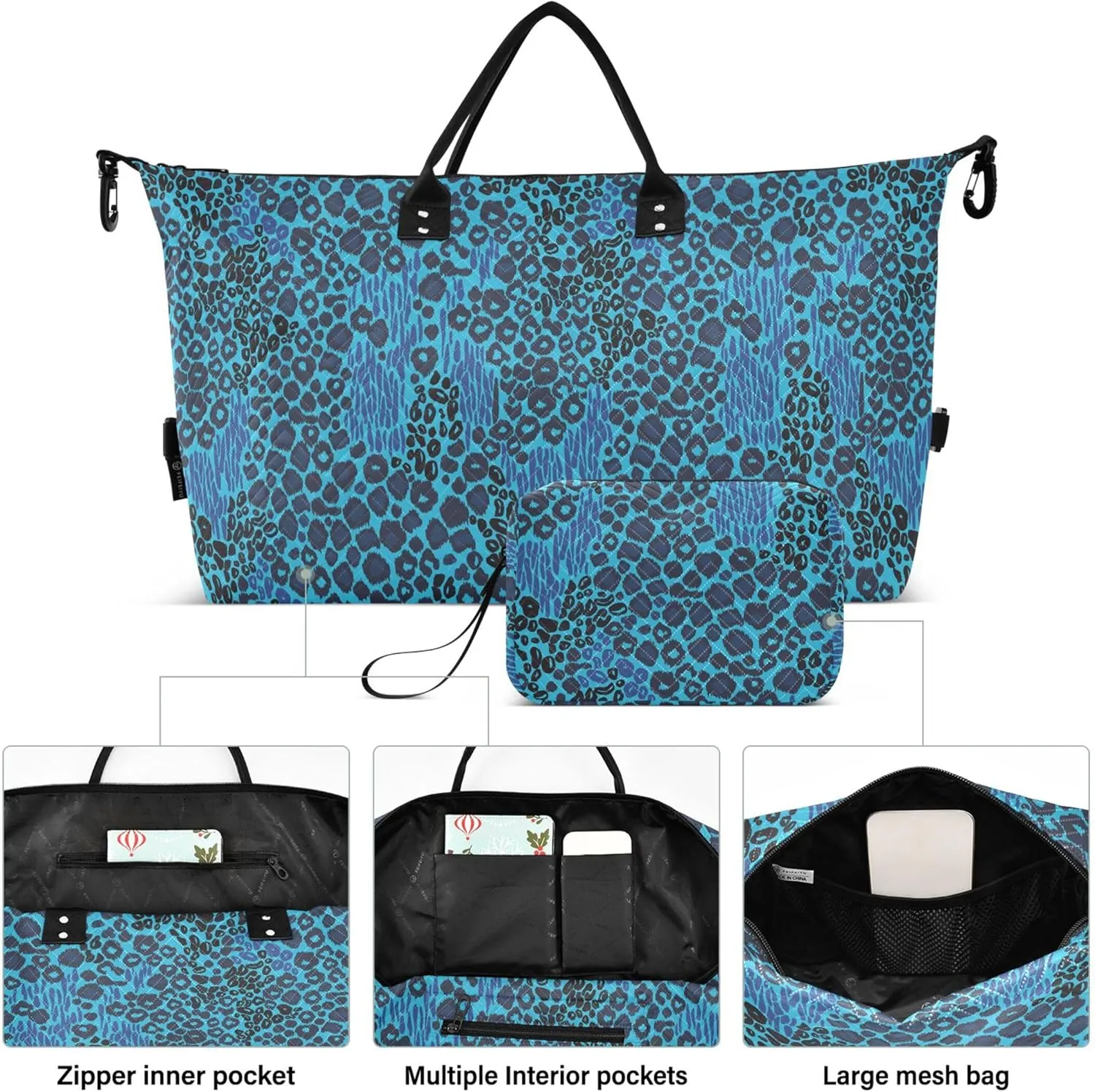 Blue Leopard Duffle Travel Bags Toiletry Bags Set, Cute Print Women Gym Bags Tote Carry on Bag