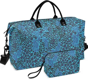 Blue Leopard Duffle Travel Bags Toiletry Bags Set, Cute Print Women Gym Bags Tote Carry on Bag