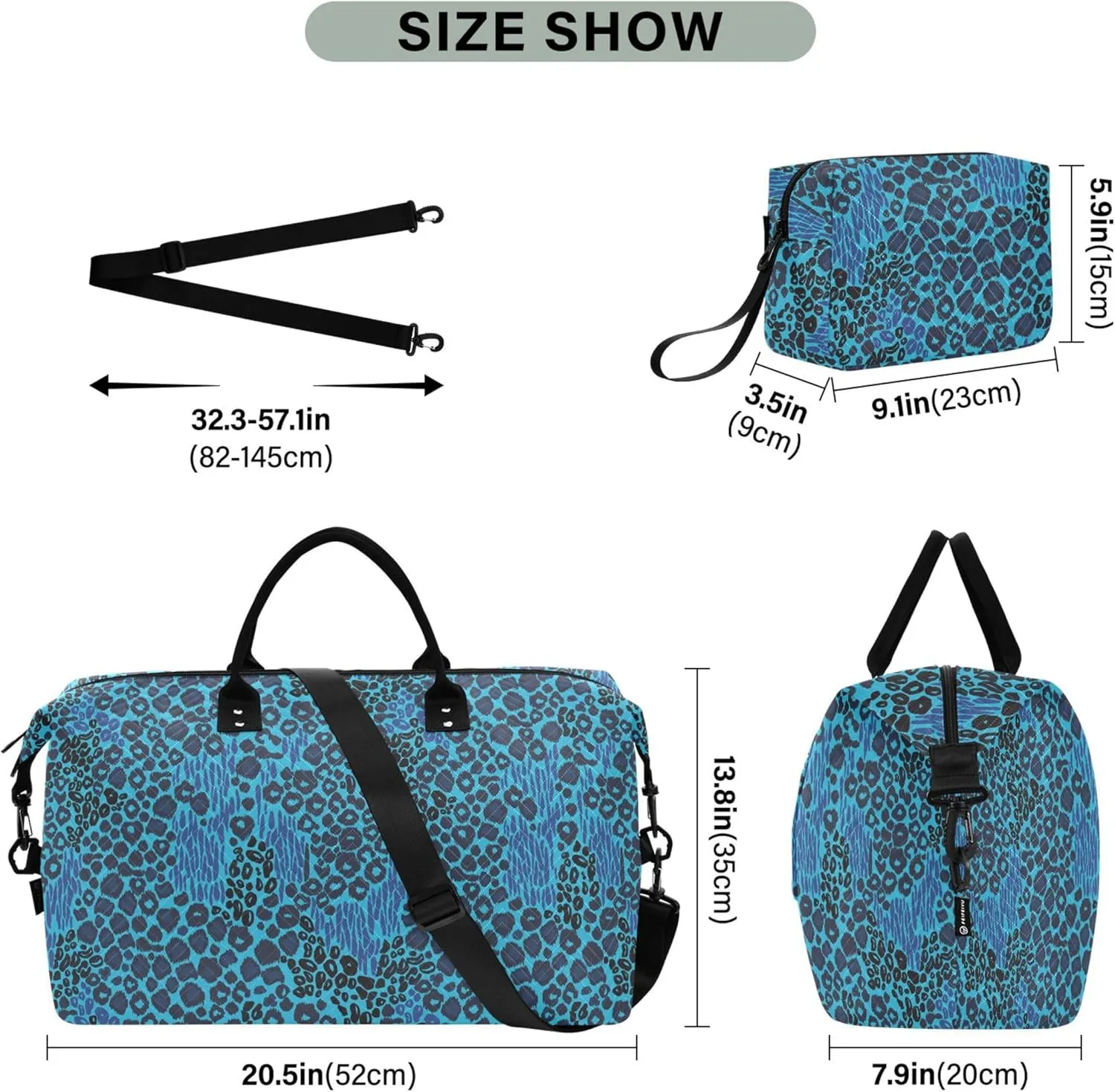 Blue Leopard Duffle Travel Bags Toiletry Bags Set, Cute Print Women Gym Bags Tote Carry on Bag