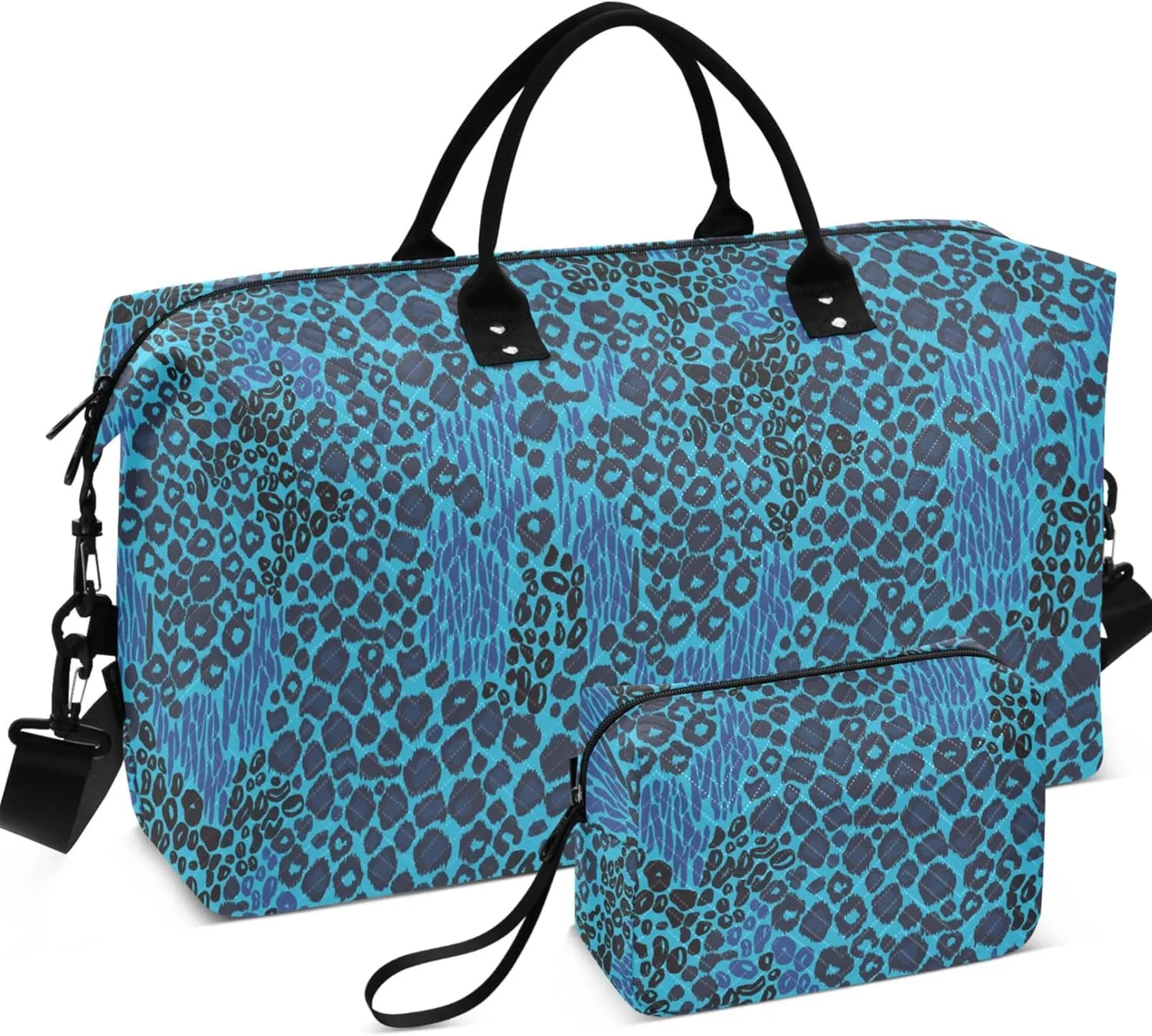 Blue Leopard Duffle Travel Bags Toiletry Bags Set, Cute Print Women Gym Bags Tote Carry on Bag
