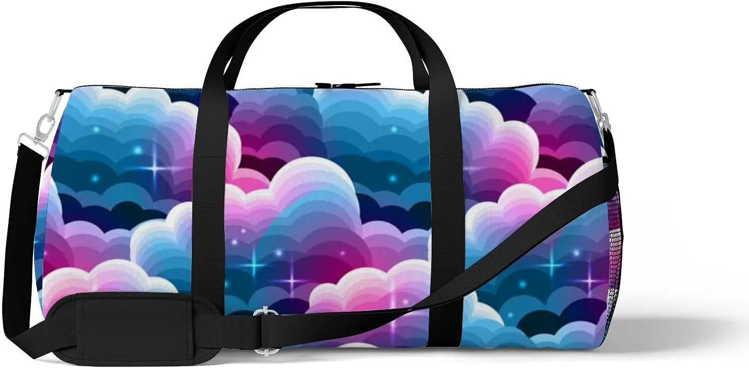 Blue Purple Gradient Clouds Stars Sports Duffel Bag Travel Gym Tote Bags Lightweight Durable Shoulder Strap Waterproof Polyester Outside Mesh Pocket Overnight Trip Duffel Bag for Women Men