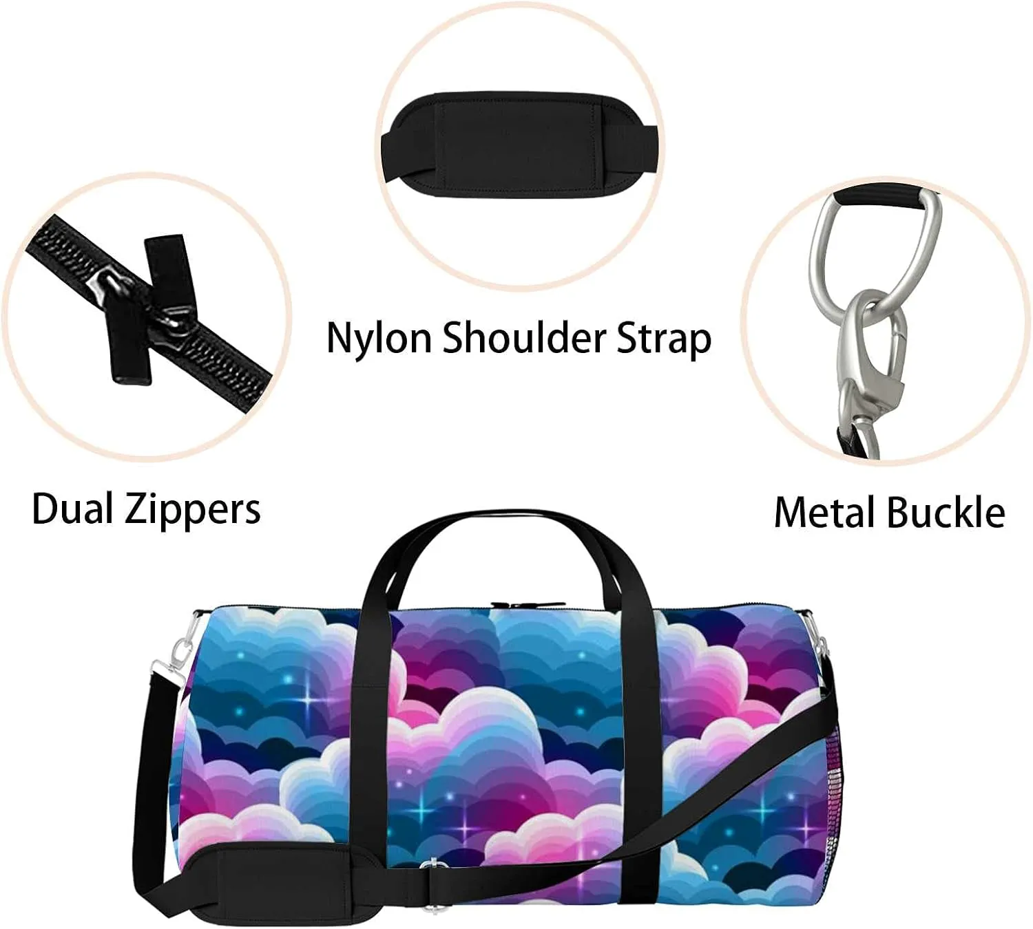 Blue Purple Gradient Clouds Stars Sports Duffel Bag Travel Gym Tote Bags Lightweight Durable Shoulder Strap Waterproof Polyester Outside Mesh Pocket Overnight Trip Duffel Bag for Women Men