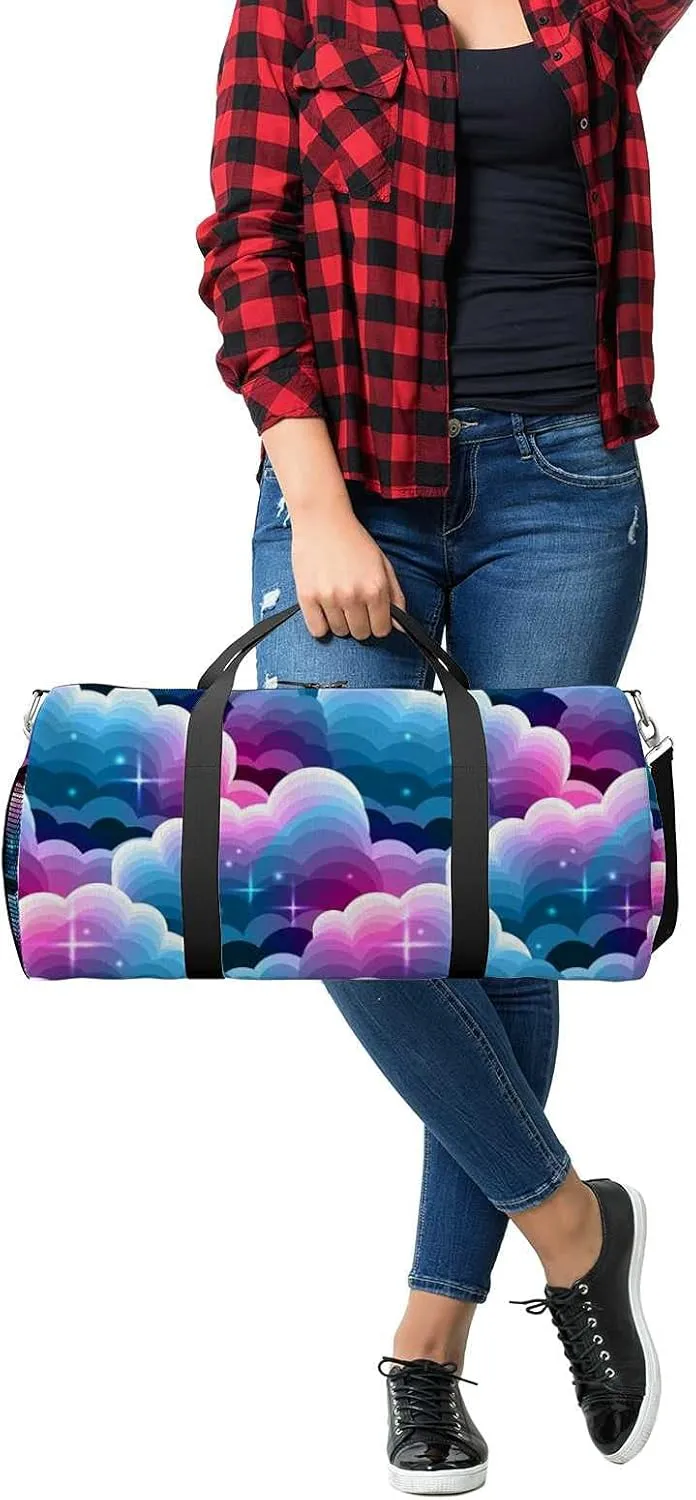 Blue Purple Gradient Clouds Stars Sports Duffel Bag Travel Gym Tote Bags Lightweight Durable Shoulder Strap Waterproof Polyester Outside Mesh Pocket Overnight Trip Duffel Bag for Women Men