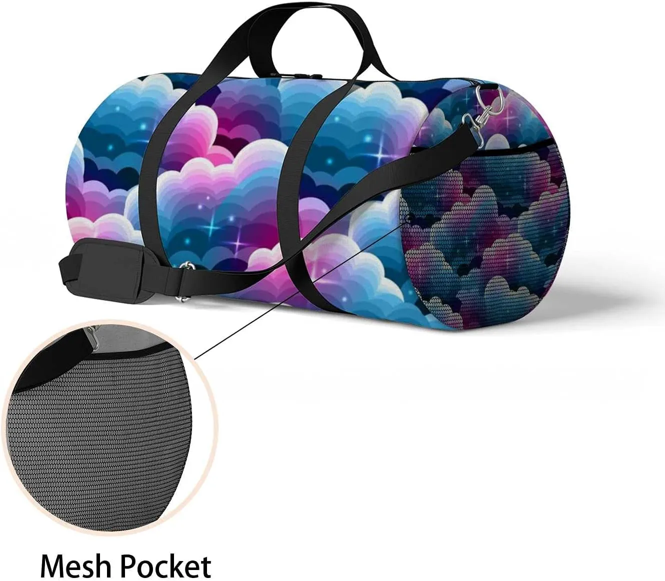 Blue Purple Gradient Clouds Stars Sports Duffel Bag Travel Gym Tote Bags Lightweight Durable Shoulder Strap Waterproof Polyester Outside Mesh Pocket Overnight Trip Duffel Bag for Women Men
