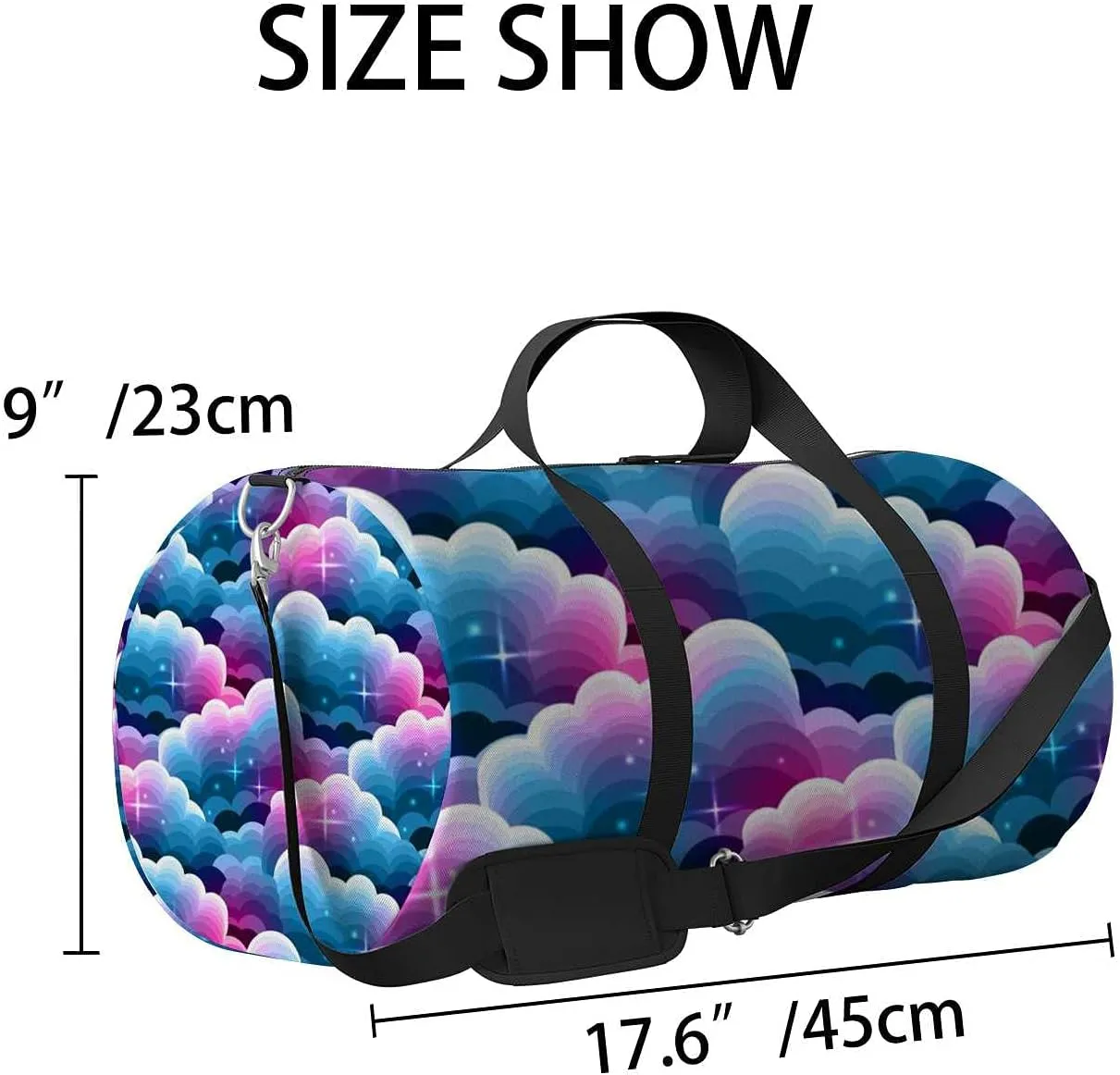 Blue Purple Gradient Clouds Stars Sports Duffel Bag Travel Gym Tote Bags Lightweight Durable Shoulder Strap Waterproof Polyester Outside Mesh Pocket Overnight Trip Duffel Bag for Women Men