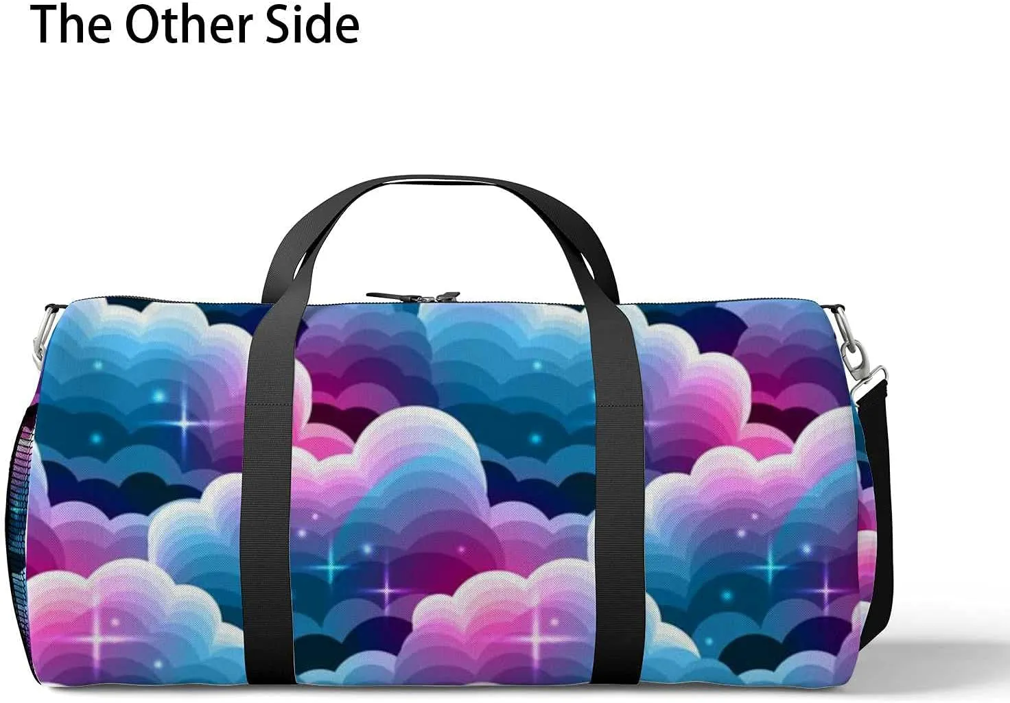Blue Purple Gradient Clouds Stars Sports Duffel Bag Travel Gym Tote Bags Lightweight Durable Shoulder Strap Waterproof Polyester Outside Mesh Pocket Overnight Trip Duffel Bag for Women Men