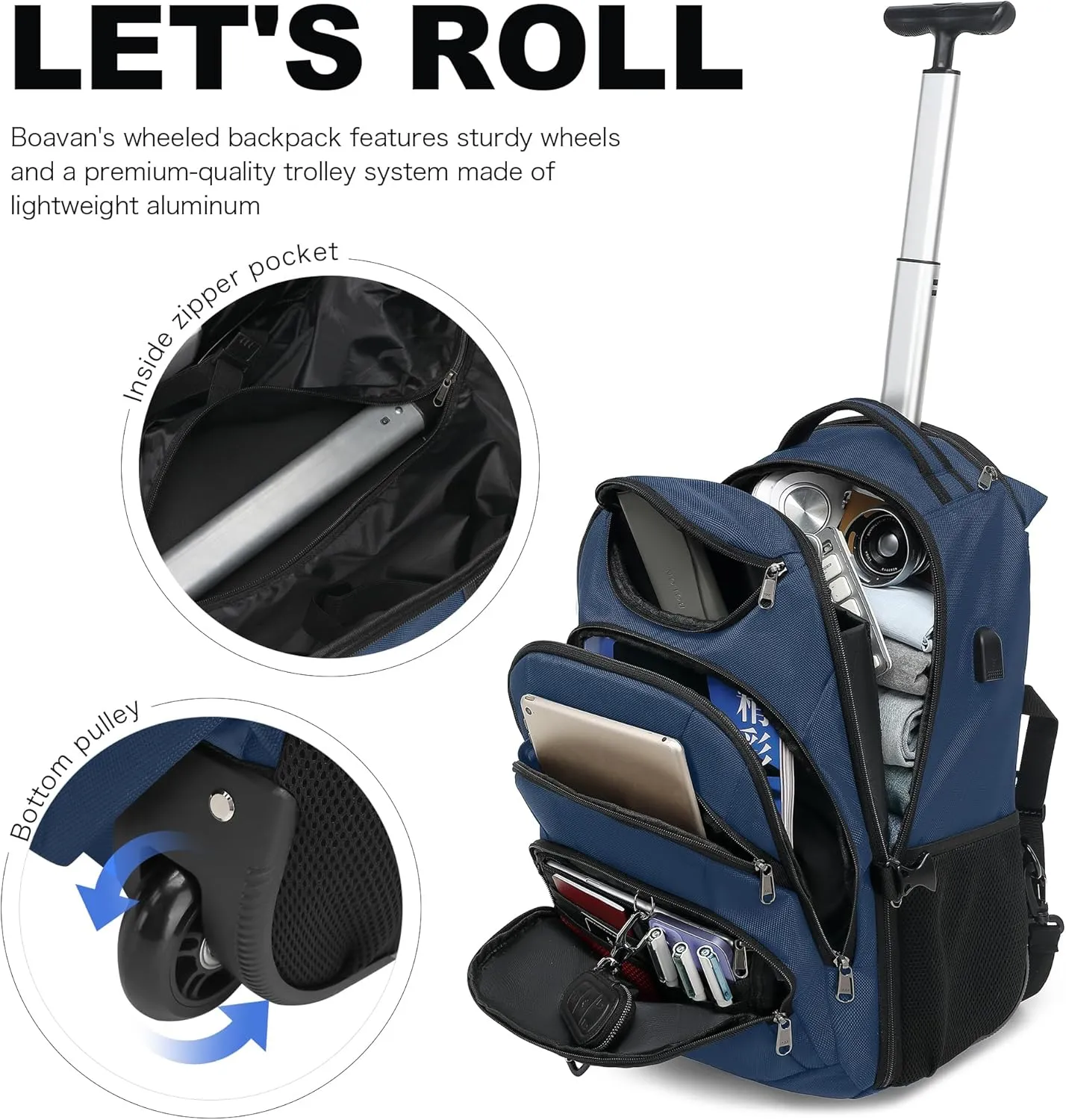 Boavan Rolling Backpack,17 inch Water Resistant Wheeled Backpack,Carry on Luggage Business Bag, Overnight College Computer Backpack Trolley Suitcase for Men Women Adults to Travel，Black