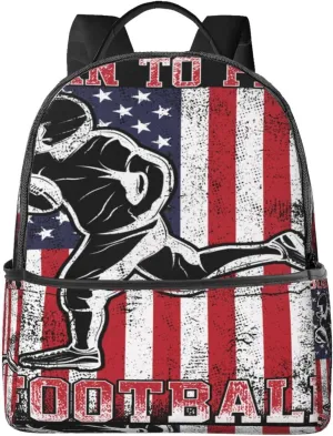 Born To Play Football America Flag Backpack Lightweight Laptop Backpacks Casual Double Shoulder Backpack For Women Men Travel