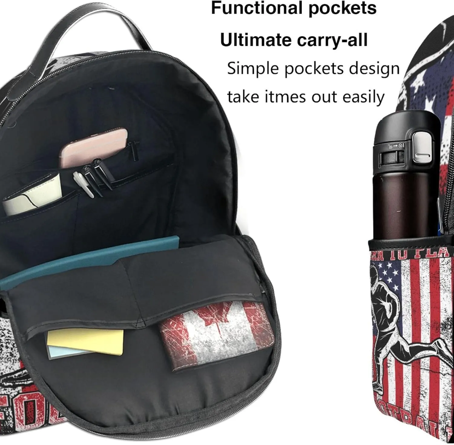 Born To Play Football America Flag Backpack Lightweight Laptop Backpacks Casual Double Shoulder Backpack For Women Men Travel