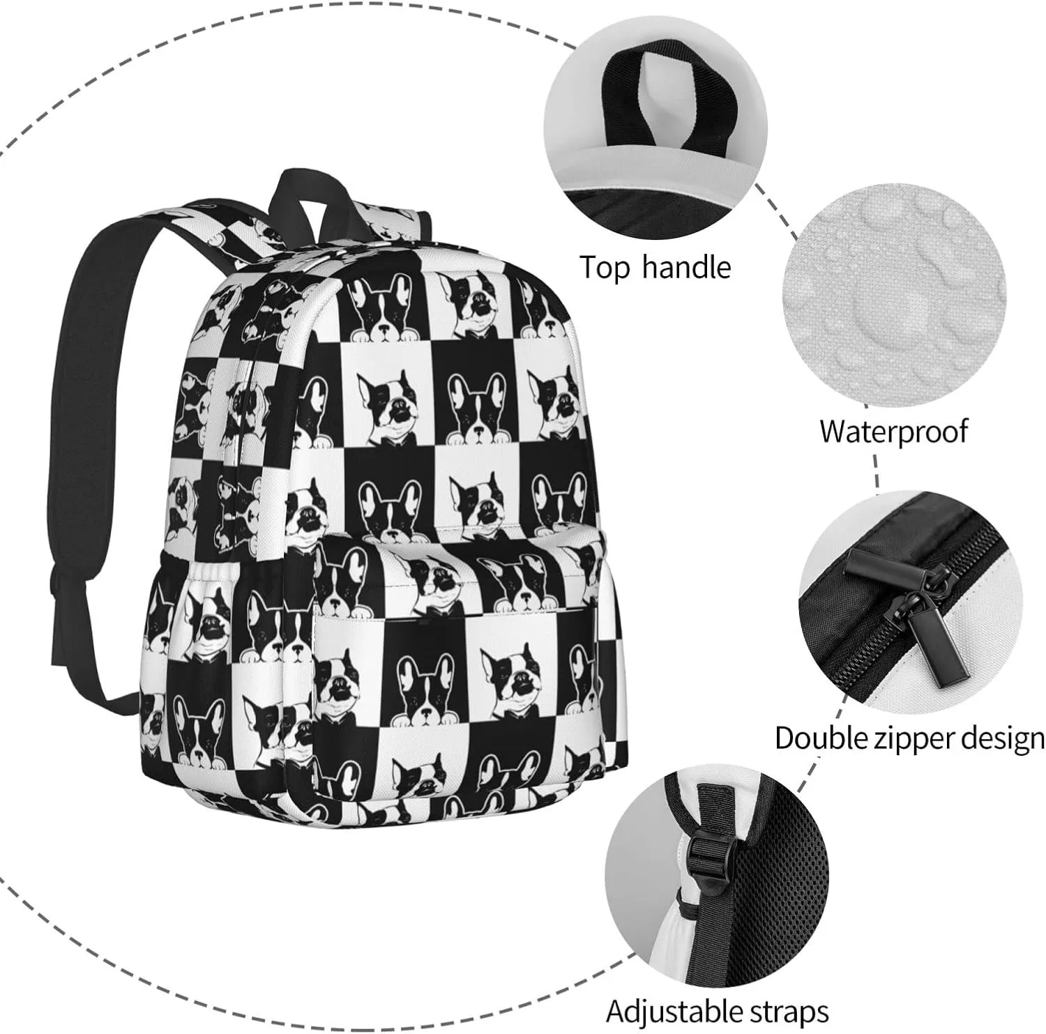 Boston Terrier Backpack 17 inch Cute Dog Casual Daypack Lightweight Kids School Backpack Campus Bag for Boys Girls Back to School
