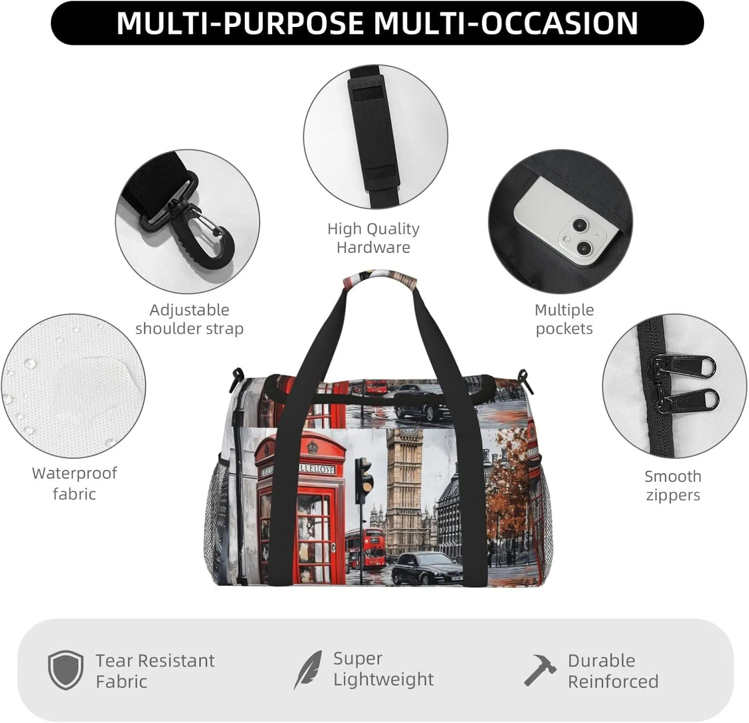 British Street Scenery Duffle Bag Foldable Travel Tote Bag Carry On Large Weekender Overnight Bags Waterproof Gym Bag For Women Men