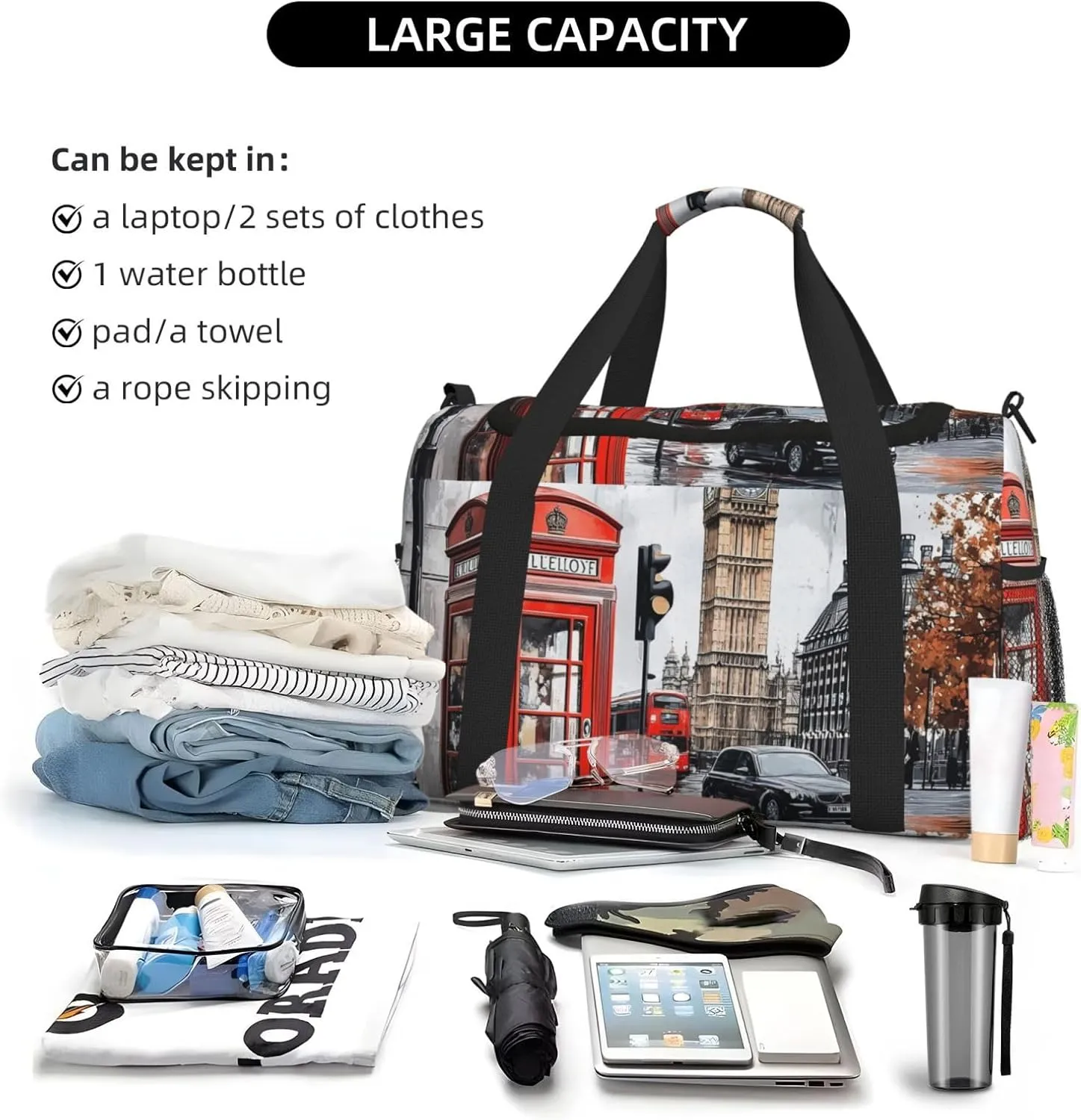 British Street Scenery Duffle Bag Foldable Travel Tote Bag Carry On Large Weekender Overnight Bags Waterproof Gym Bag For Women Men