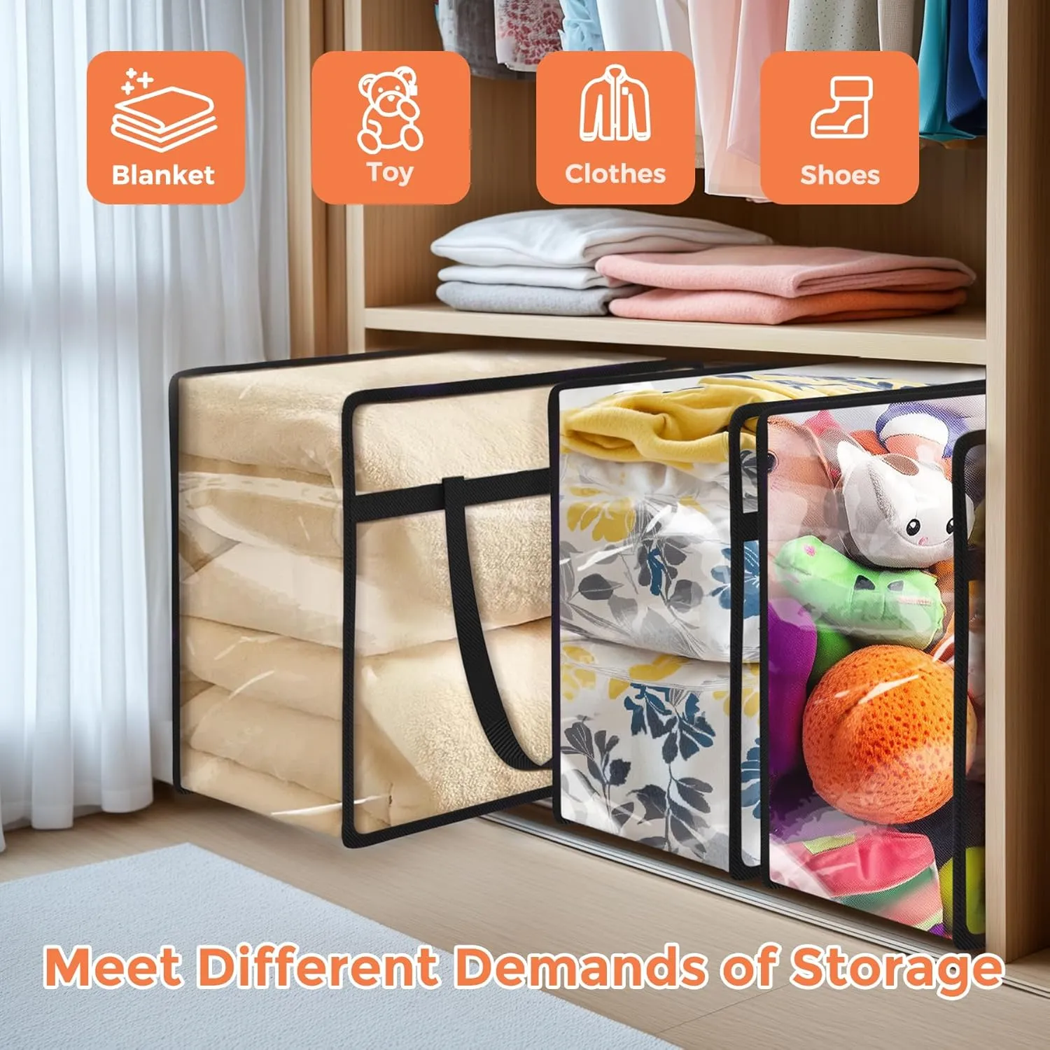 Budding Joy 6 Pack Clear Zippered Storage Bags for Clothes,40L Closet Organizers and Storage Containers Vinyl Moving Bag for Bedding, Linen, Blankets, Comforters, Clothing & Toys, Black