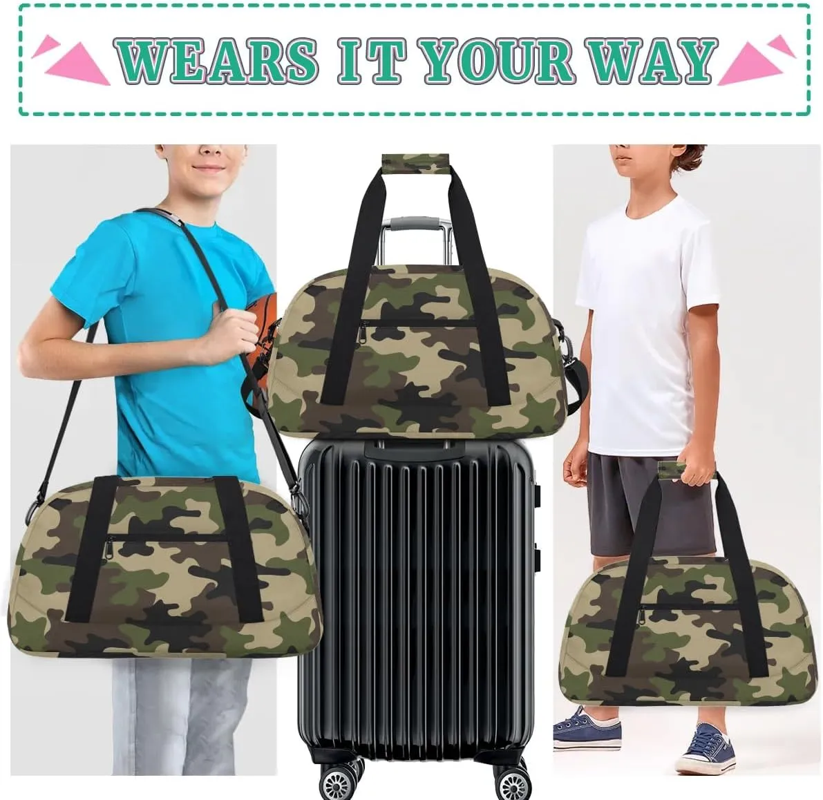 Camo Kids Duffel Bag for Boys, Camouflage Sports Gym Bag Overnight Travel Weekender Bags Lightweight Carry On Sleepovers Bag for School Practice Gymnastics