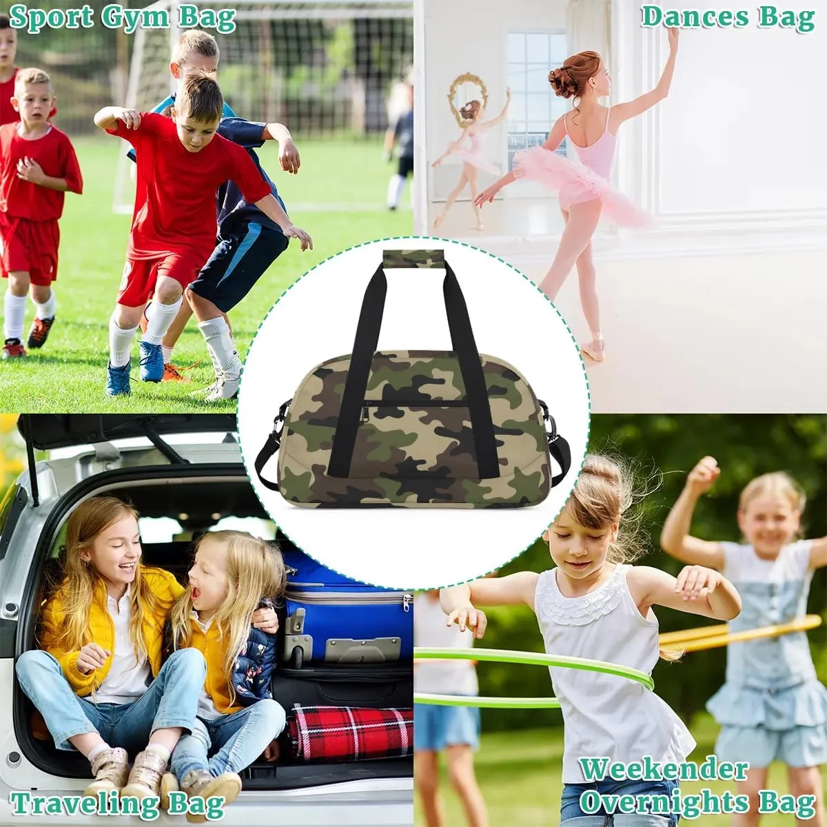 Camo Kids Duffel Bag for Boys, Camouflage Sports Gym Bag Overnight Travel Weekender Bags Lightweight Carry On Sleepovers Bag for School Practice Gymnastics