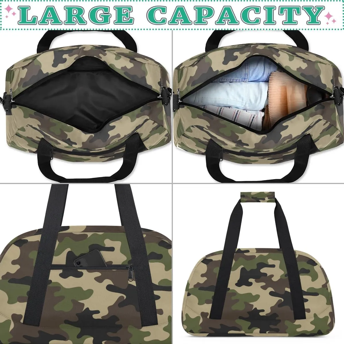 Camo Kids Duffel Bag for Boys, Camouflage Sports Gym Bag Overnight Travel Weekender Bags Lightweight Carry On Sleepovers Bag for School Practice Gymnastics