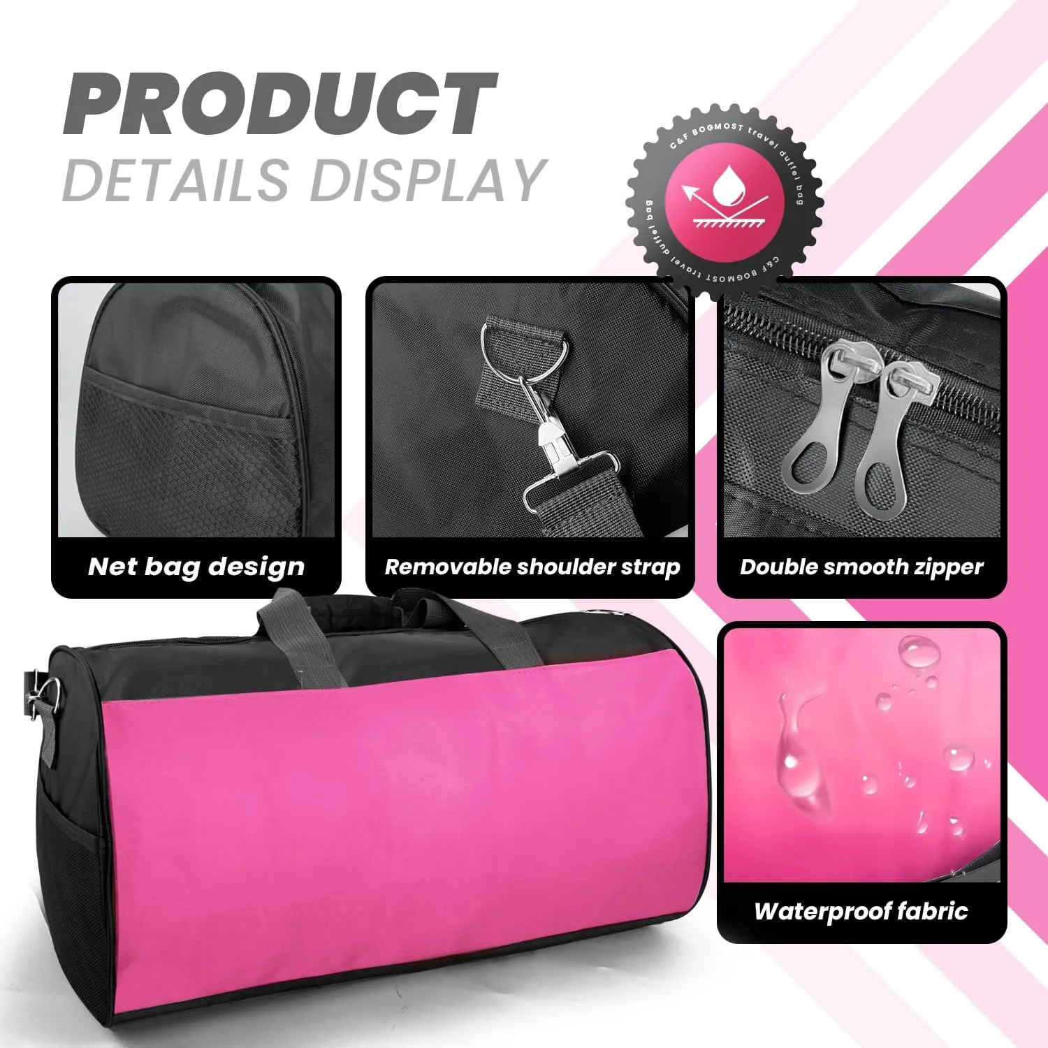 C&F BOGMOST Travel Duffel Bag Large Foldable Waterproof Gym Bag for Gym Beach Swim Bag Men Women Duffle Bag Lightweight Oxford Cloth Sports Bag-Pink