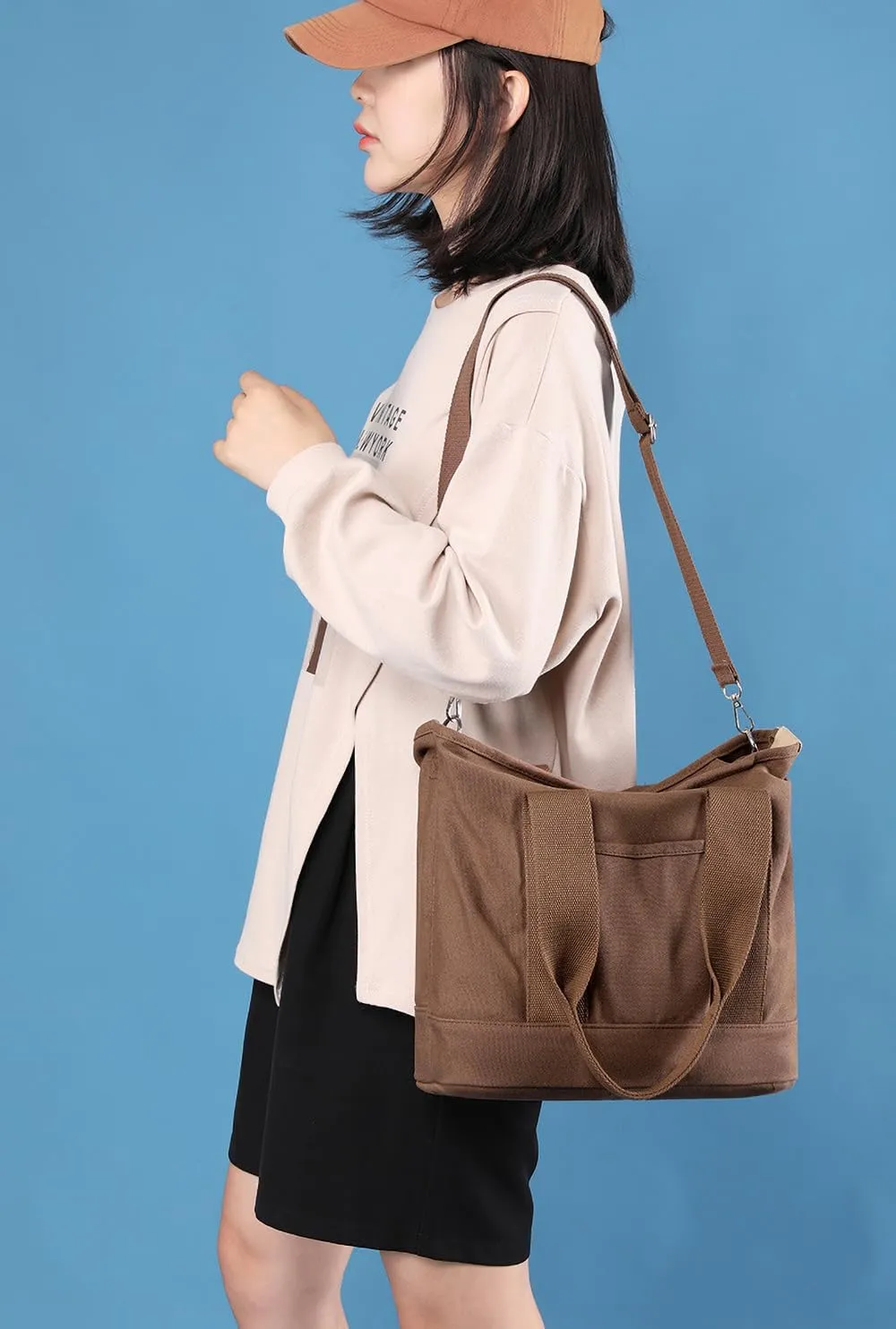 Canvas Tote Bag with Zipper for Women Crossbody Bag Trendy Shoulder Handbag Satchel Hobo Bag Messenger Bag with Compartments