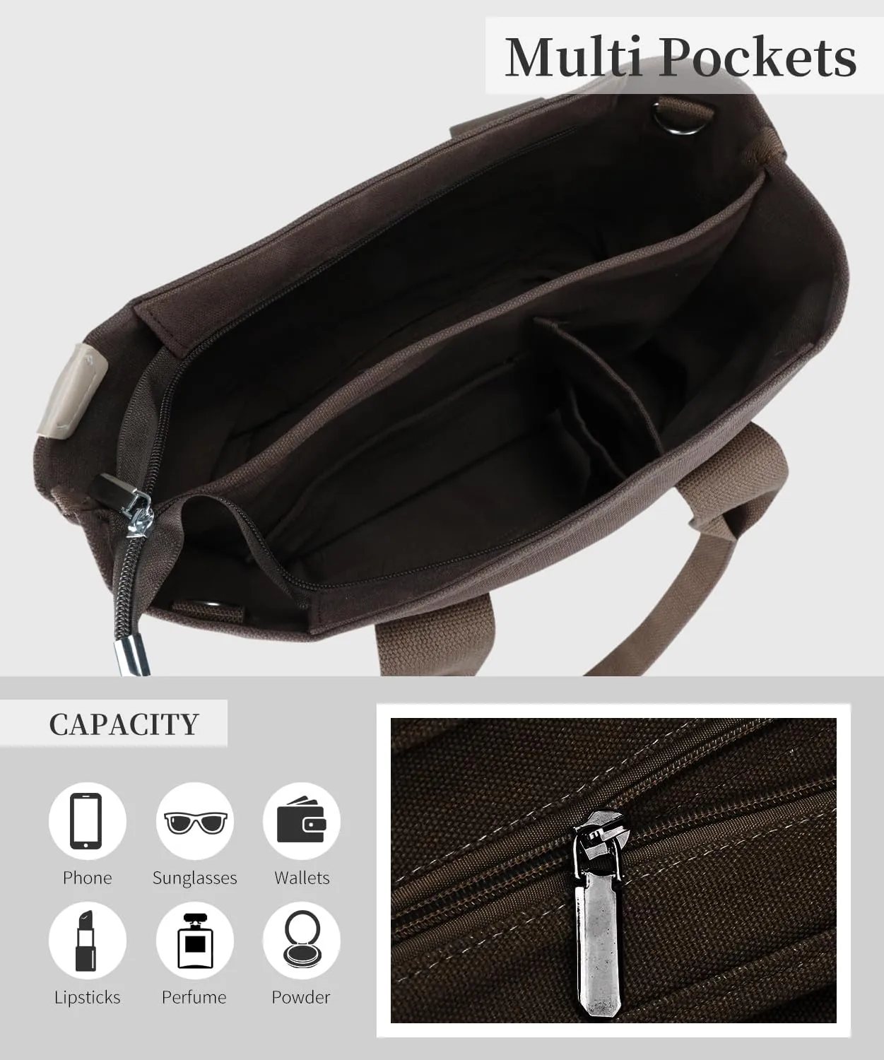 Canvas Tote Bag with Zipper for Women Crossbody Bag Trendy Shoulder Handbag Satchel Hobo Bag Messenger Bag with Compartments