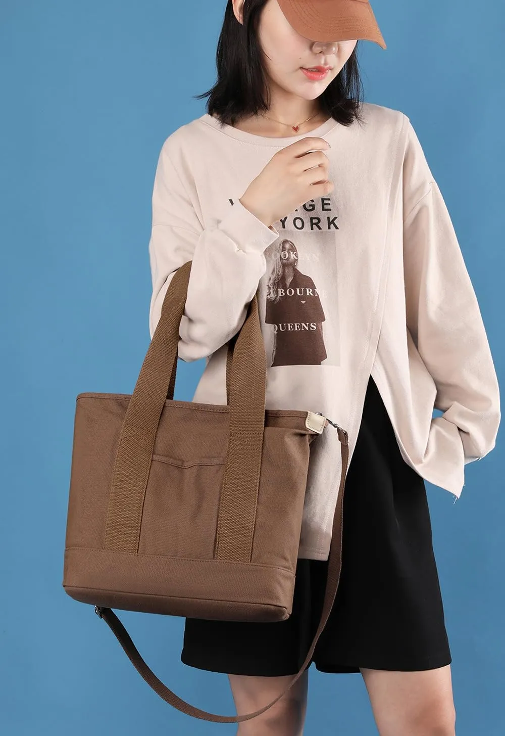 Canvas Tote Bag with Zipper for Women Crossbody Bag Trendy Shoulder Handbag Satchel Hobo Bag Messenger Bag with Compartments