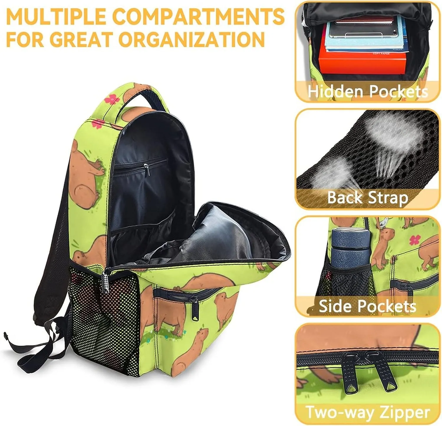 Capybara Backpack for Girls Boys, 16 Inch Green Backpacks for School, Cute Lightweight Durable Bookbag for Kids