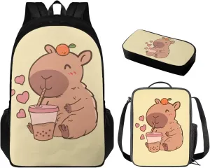 Cartoon Capybara Print Backpacks with Lunch Box for Girls Multi-Functional Tote Bag for School Waterproof Thick Lunch Box Backpack and Pencil Case Aesthetic for School
