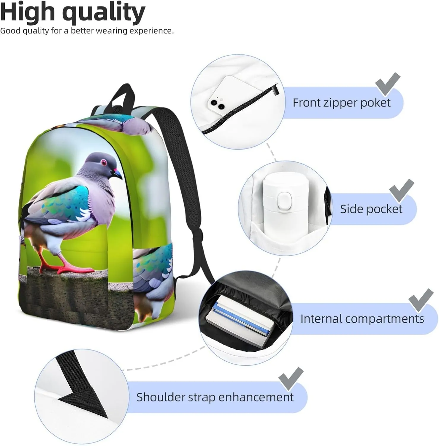 Cartoon Pigeon 3 Classic Style Backpacks Travel Bag For Men Women Lightweight Back Pack With Laptop Compartmen