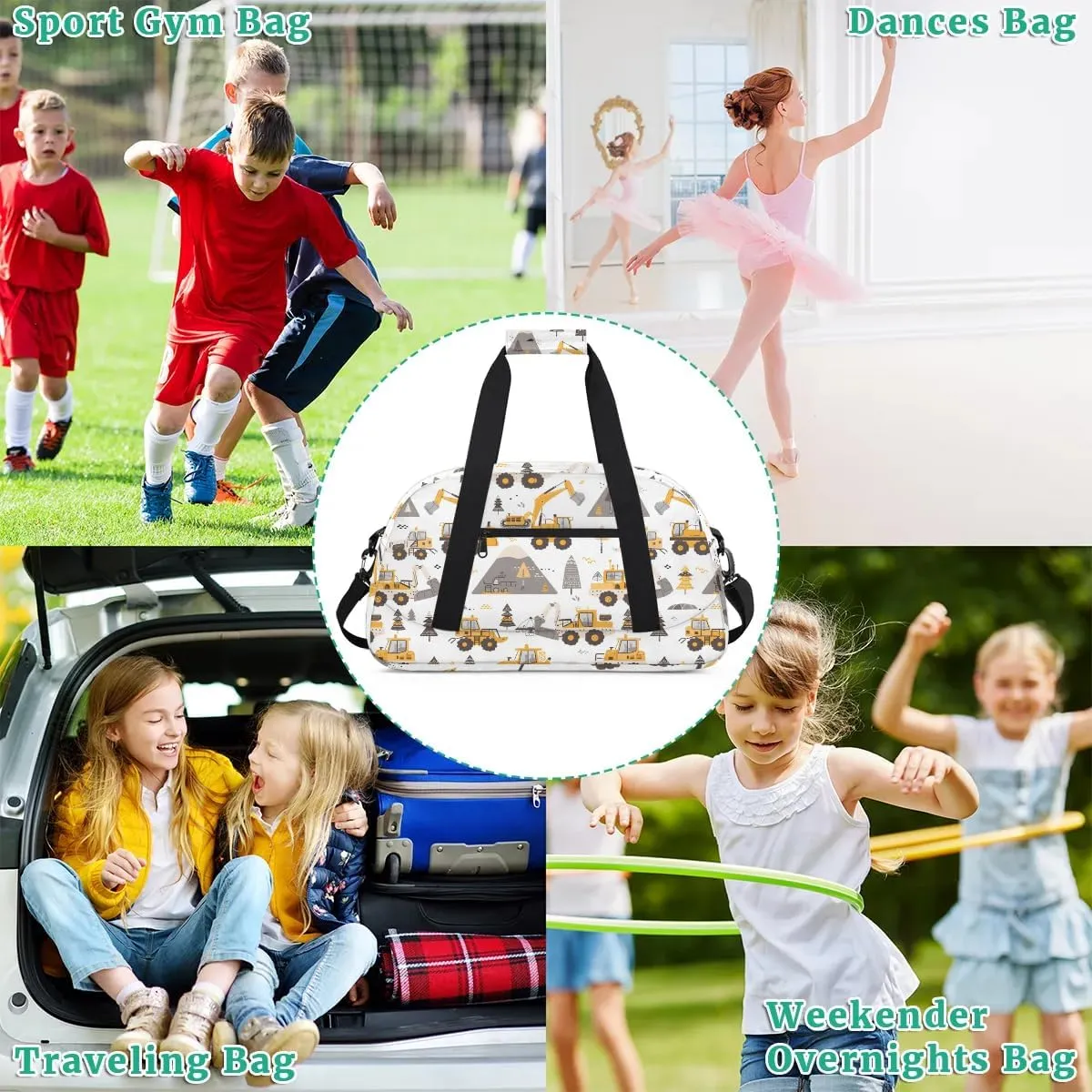 Cartoon Truck Kids Duffel Bag for Boys, Sports Gym Bag Overnight Travel Weekender Bag Lightweight Carry On Sleepovers Bag for School Practice Gymnastics