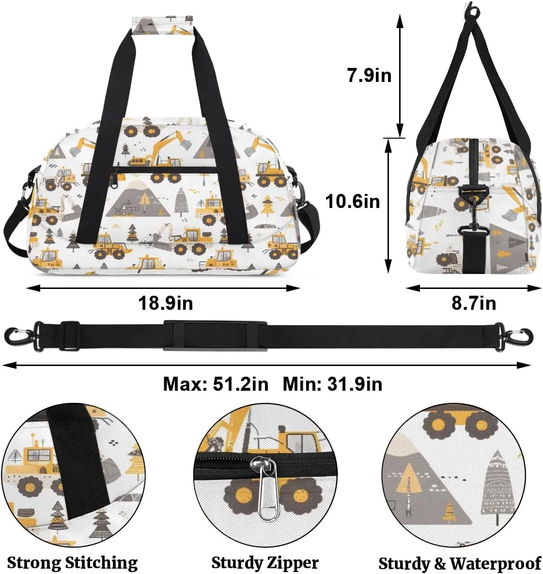 Cartoon Truck Kids Duffel Bag for Boys, Sports Gym Bag Overnight Travel Weekender Bag Lightweight Carry On Sleepovers Bag for School Practice Gymnastics