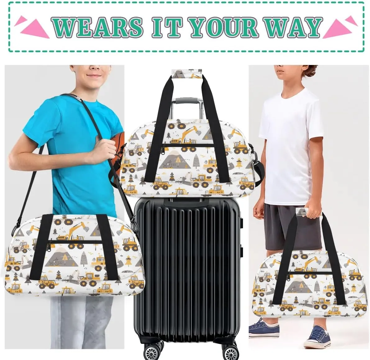 Cartoon Truck Kids Duffel Bag for Boys, Sports Gym Bag Overnight Travel Weekender Bag Lightweight Carry On Sleepovers Bag for School Practice Gymnastics