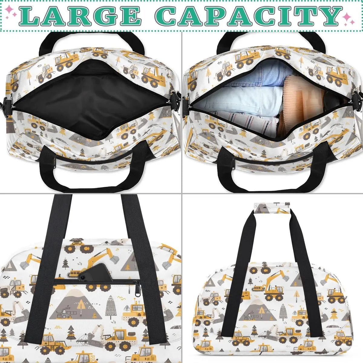 Cartoon Truck Kids Duffel Bag for Boys, Sports Gym Bag Overnight Travel Weekender Bag Lightweight Carry On Sleepovers Bag for School Practice Gymnastics