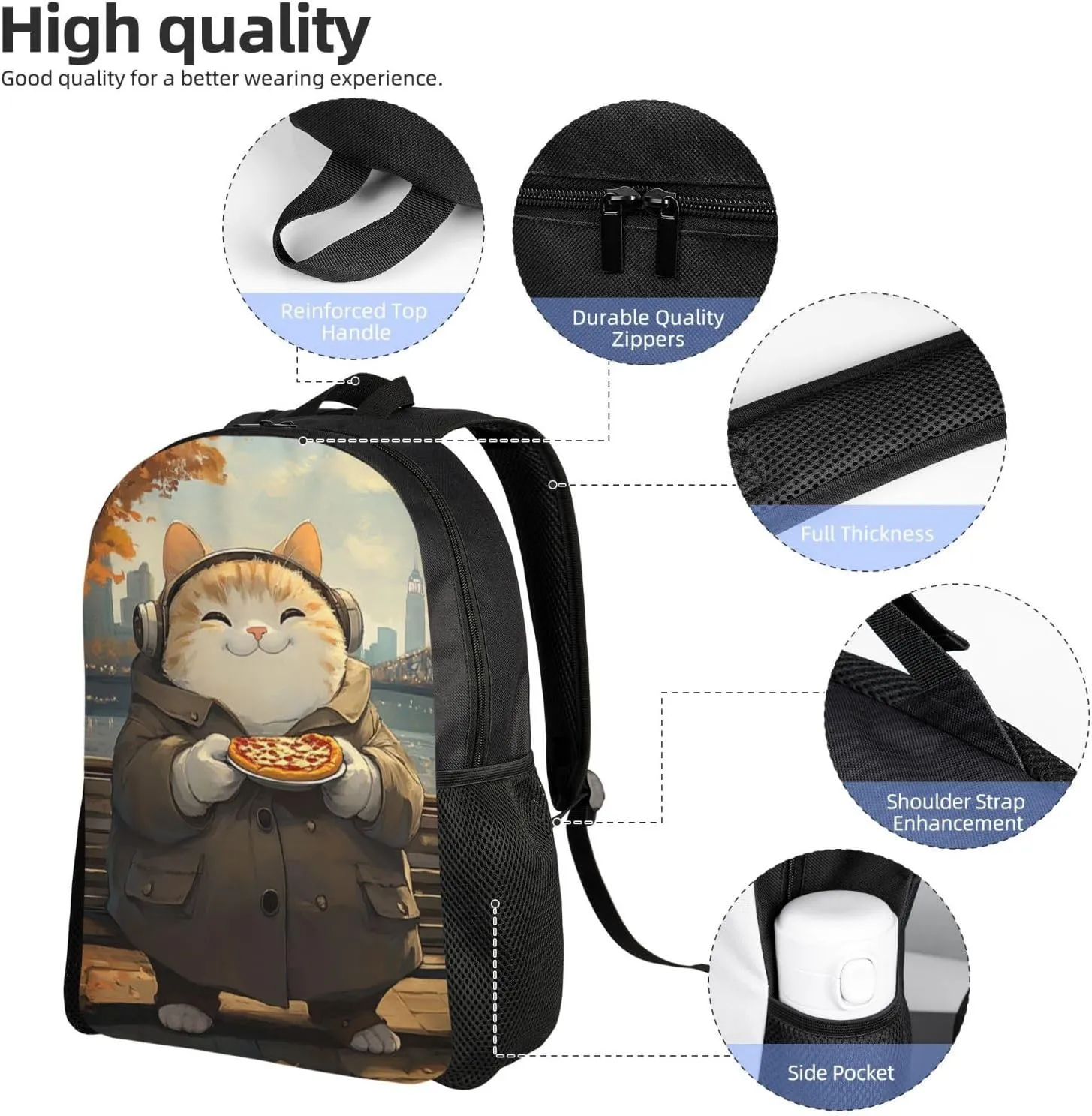 Cat Eating Pizza Backpack Waterproof Anti Theft Durable Light Laptop Bag Backpacks For Women Men Travel Gym Backpack