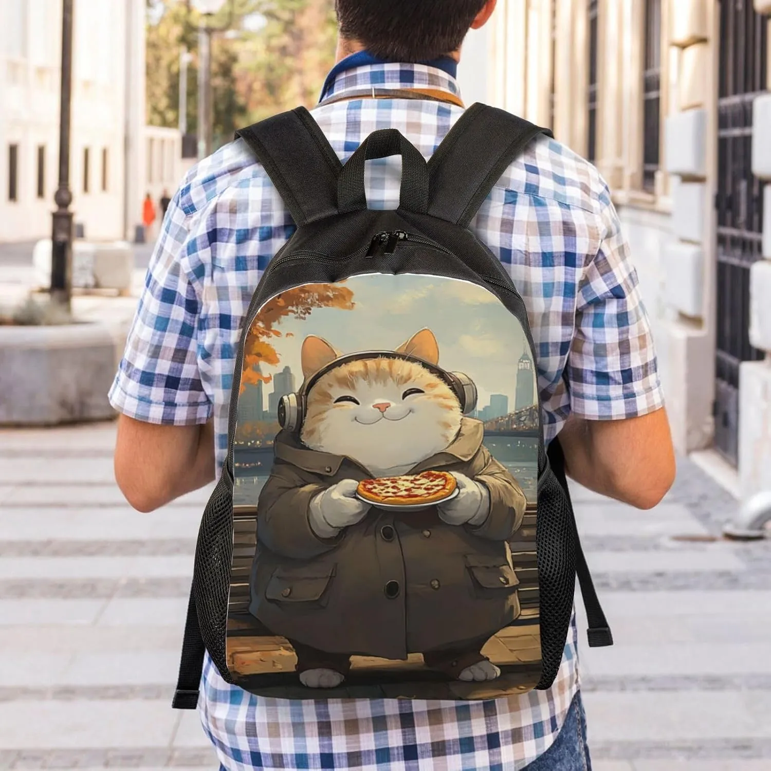 Cat Eating Pizza Backpack Waterproof Anti Theft Durable Light Laptop Bag Backpacks For Women Men Travel Gym Backpack