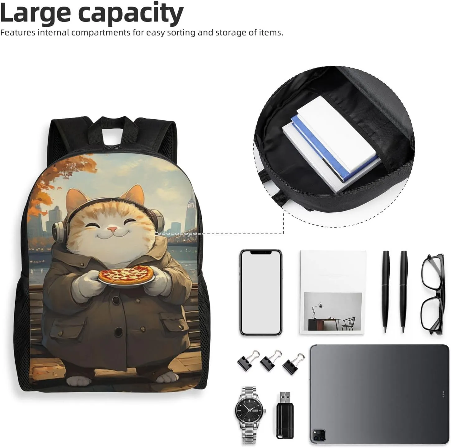 Cat Eating Pizza Backpack Waterproof Anti Theft Durable Light Laptop Bag Backpacks For Women Men Travel Gym Backpack