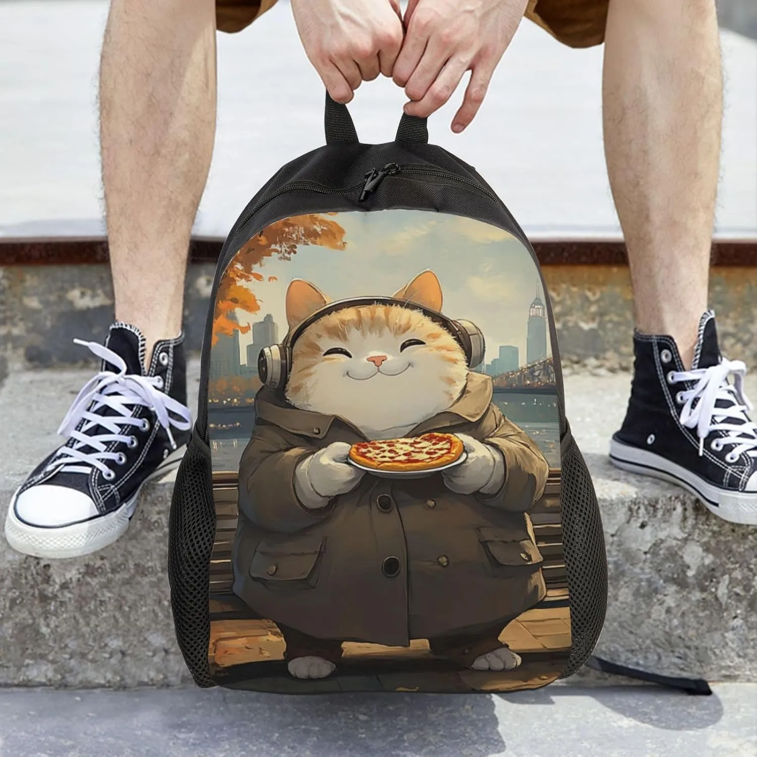 Cat Eating Pizza Backpack Waterproof Anti Theft Durable Light Laptop Bag Backpacks For Women Men Travel Gym Backpack
