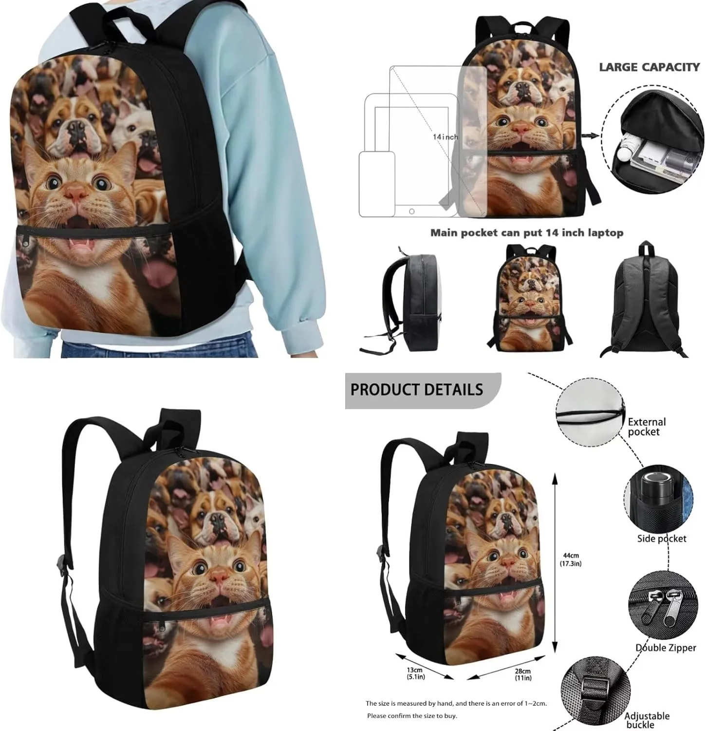 Cat Elementary Backpack for Girls 4 in 1 School Bag with Lunch Box 10-12 Adjustable Adorable 4th Grade Bookbag with Water Bottle Holder Back Pack