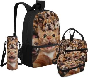 Cat Elementary Backpack for Girls 4 in 1 School Bag with Lunch Box 10-12 Adjustable Adorable 4th Grade Bookbag with Water Bottle Holder Back Pack