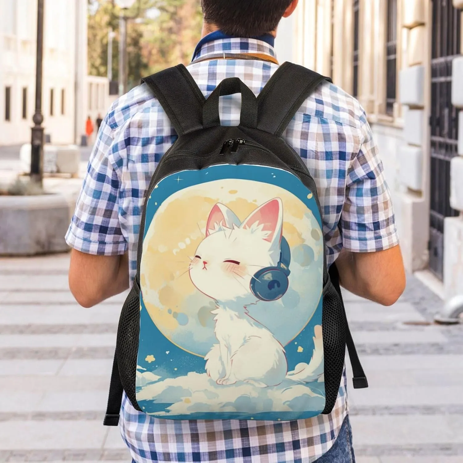 Cat Listening To Music Backpack Waterproof Anti Theft Durable Light Laptop Bag Backpacks For Women Men Travel Gym Backpack