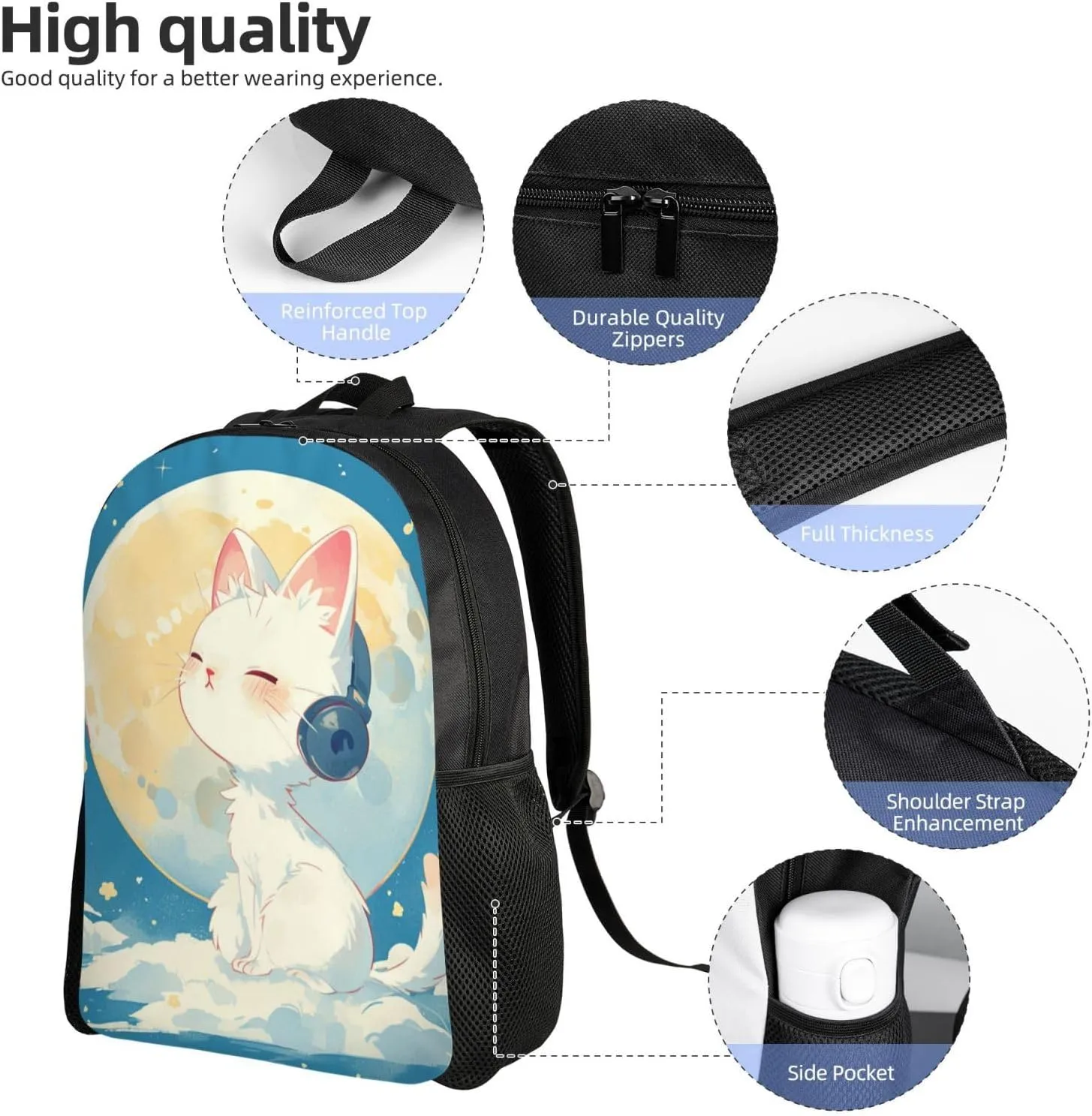 Cat Listening To Music Backpack Waterproof Anti Theft Durable Light Laptop Bag Backpacks For Women Men Travel Gym Backpack