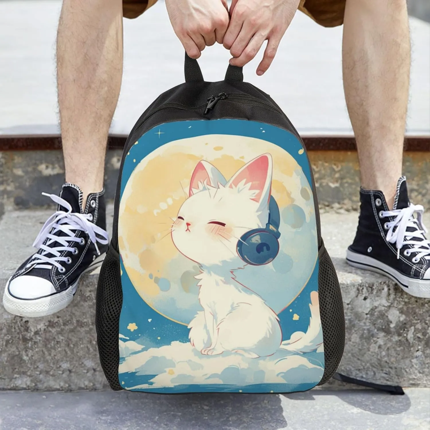 Cat Listening To Music Backpack Waterproof Anti Theft Durable Light Laptop Bag Backpacks For Women Men Travel Gym Backpack