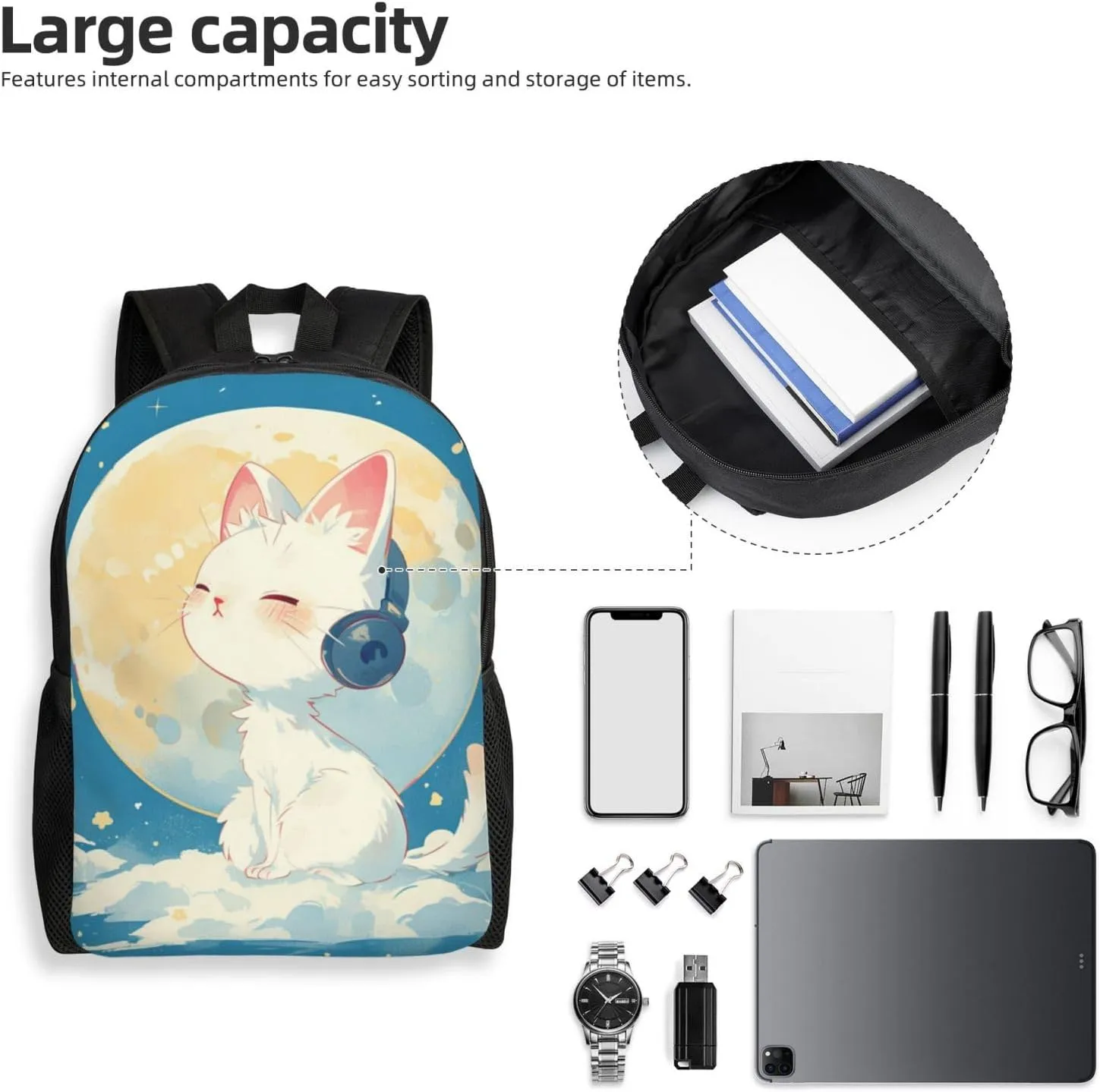 Cat Listening To Music Backpack Waterproof Anti Theft Durable Light Laptop Bag Backpacks For Women Men Travel Gym Backpack