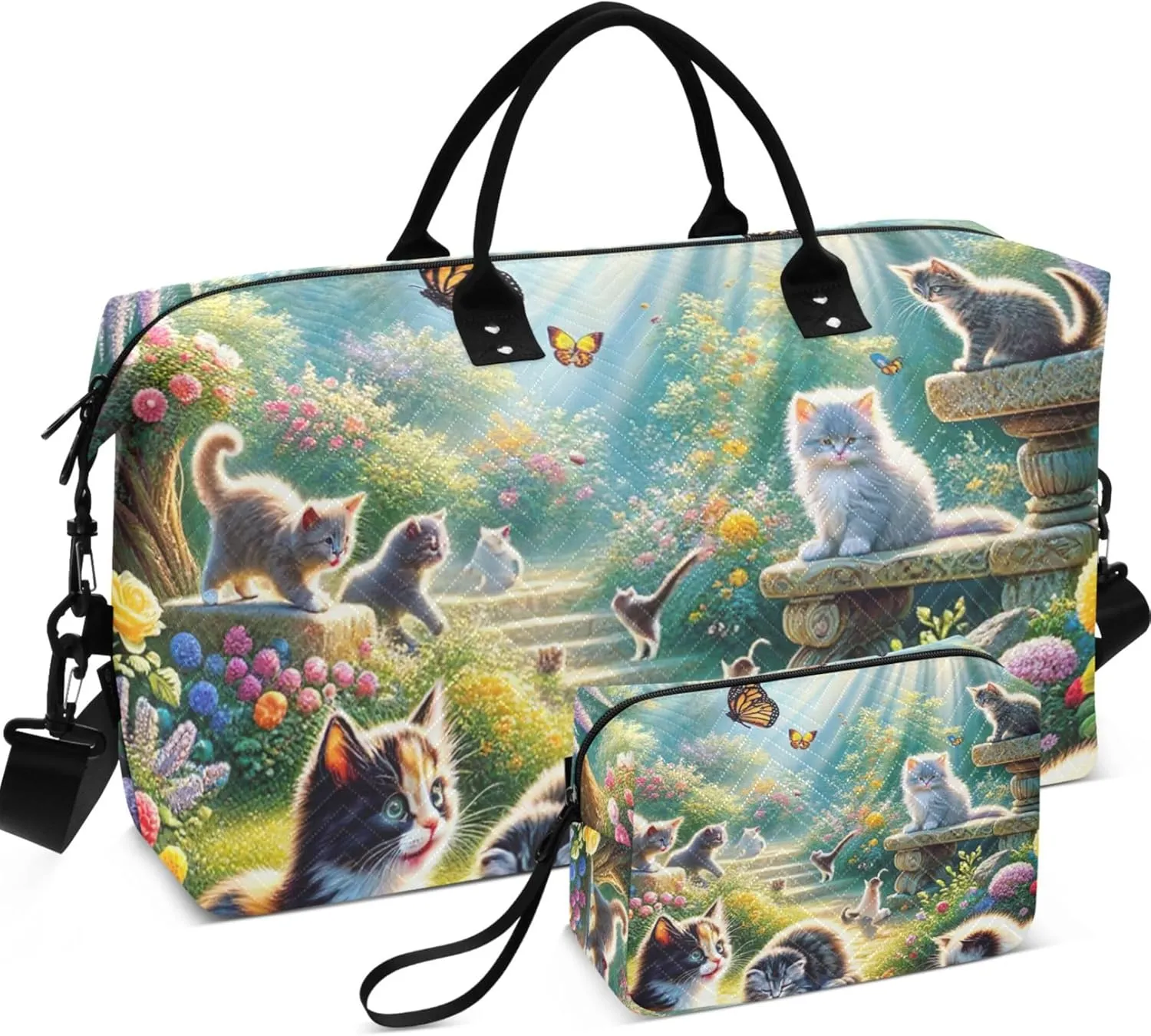 Cats Cute Animal Spring Travel Bag Duffel Cosmetic Pouch Set of 2, Floral Animal Women Gym Bag Small Weekender Bags