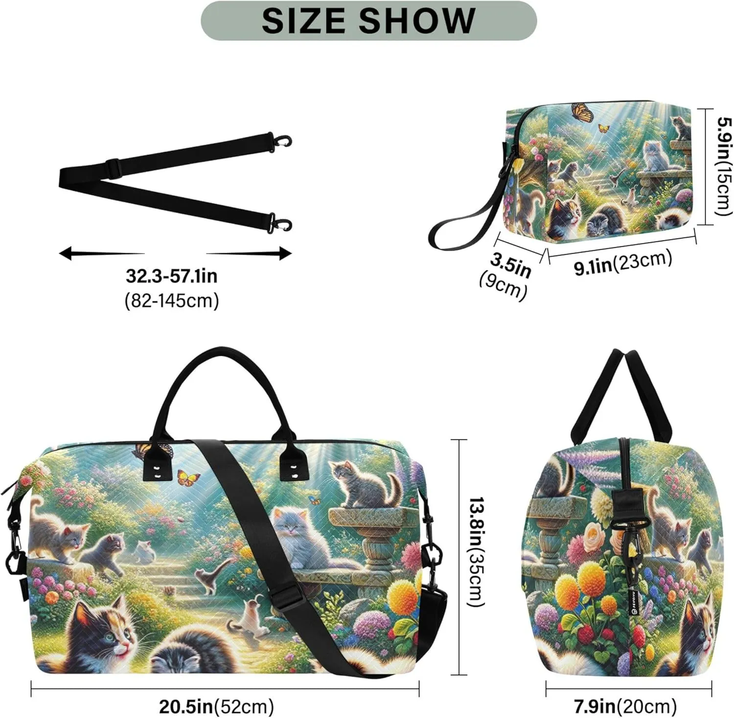 Cats Cute Animal Spring Travel Bag Duffel Cosmetic Pouch Set of 2, Floral Animal Women Gym Bag Small Weekender Bags