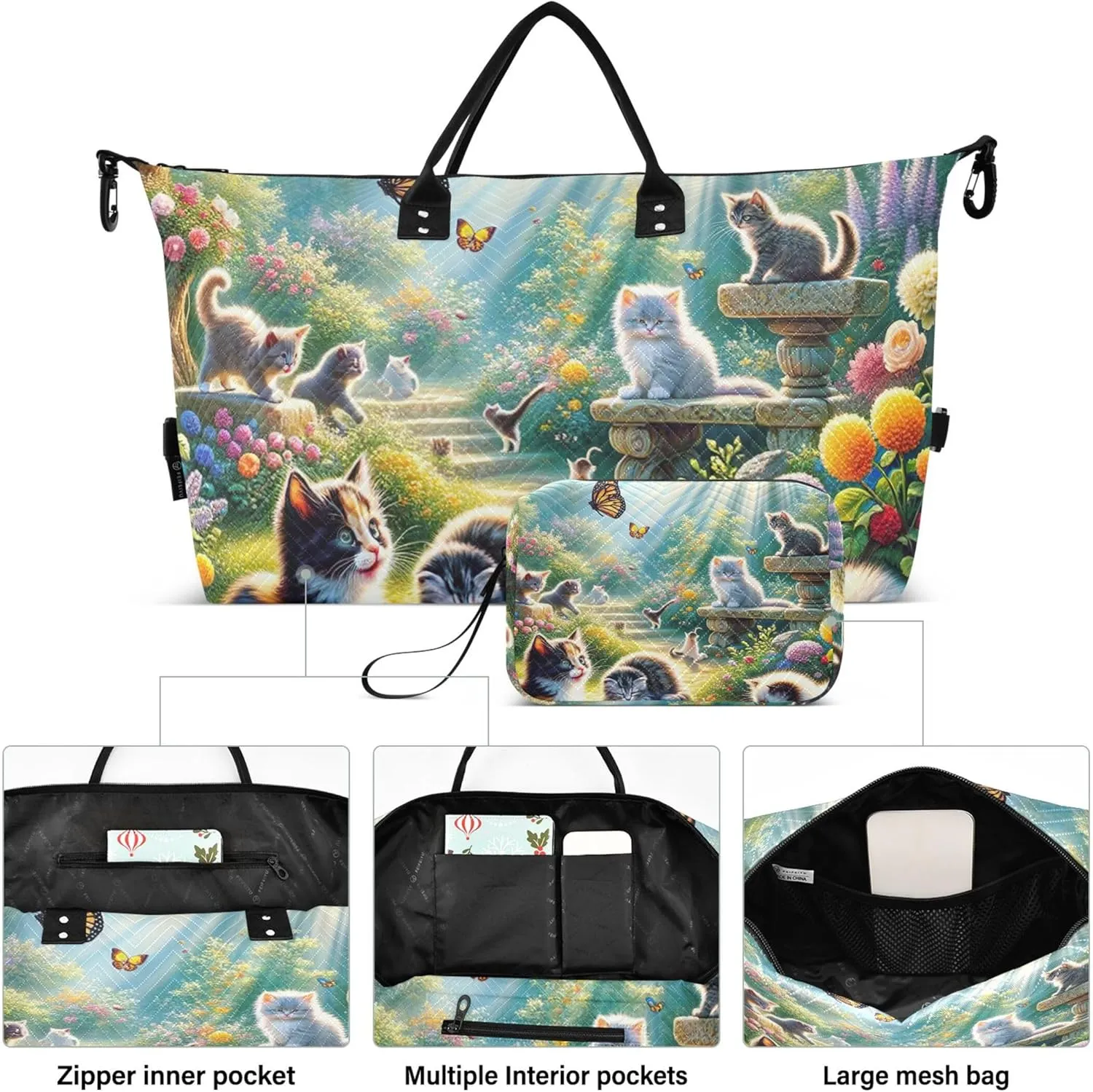 Cats Cute Animal Spring Travel Bag Duffel Cosmetic Pouch Set of 2, Floral Animal Women Gym Bag Small Weekender Bags