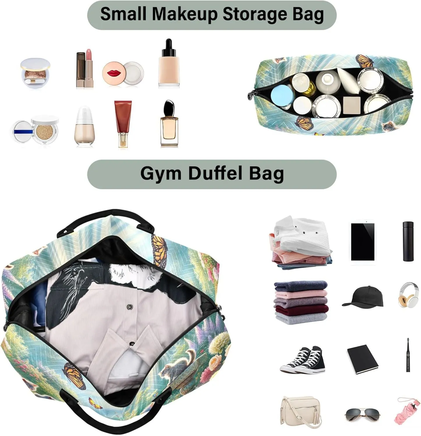 Cats Cute Animal Spring Travel Bag Duffel Cosmetic Pouch Set of 2, Floral Animal Women Gym Bag Small Weekender Bags