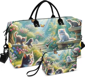 Cats Cute Animal Spring Travel Bag Duffel Cosmetic Pouch Set of 2, Floral Animal Women Gym Bag Small Weekender Bags