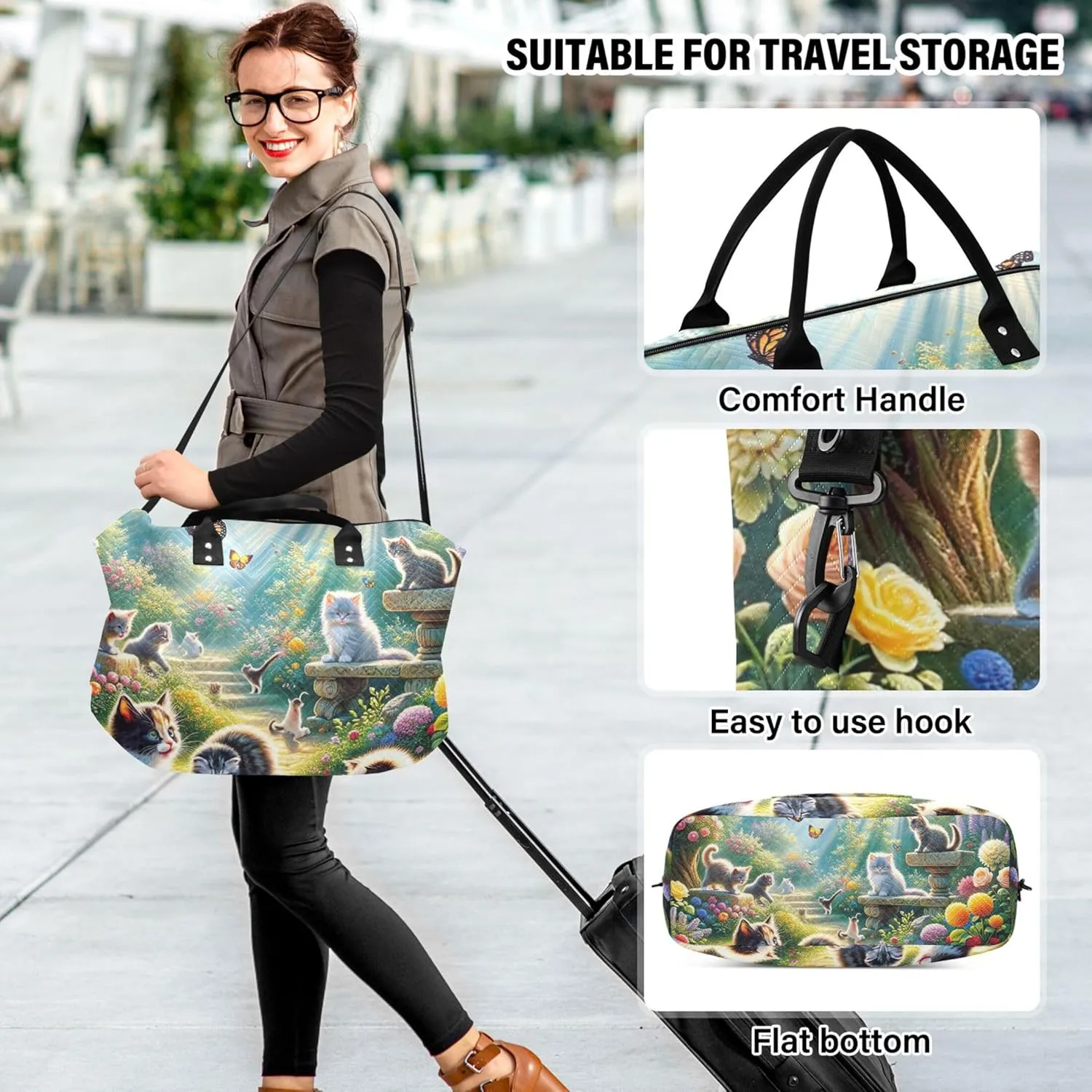 Cats Cute Animal Spring Travel Bag Duffel Cosmetic Pouch Set of 2, Floral Animal Women Gym Bag Small Weekender Bags