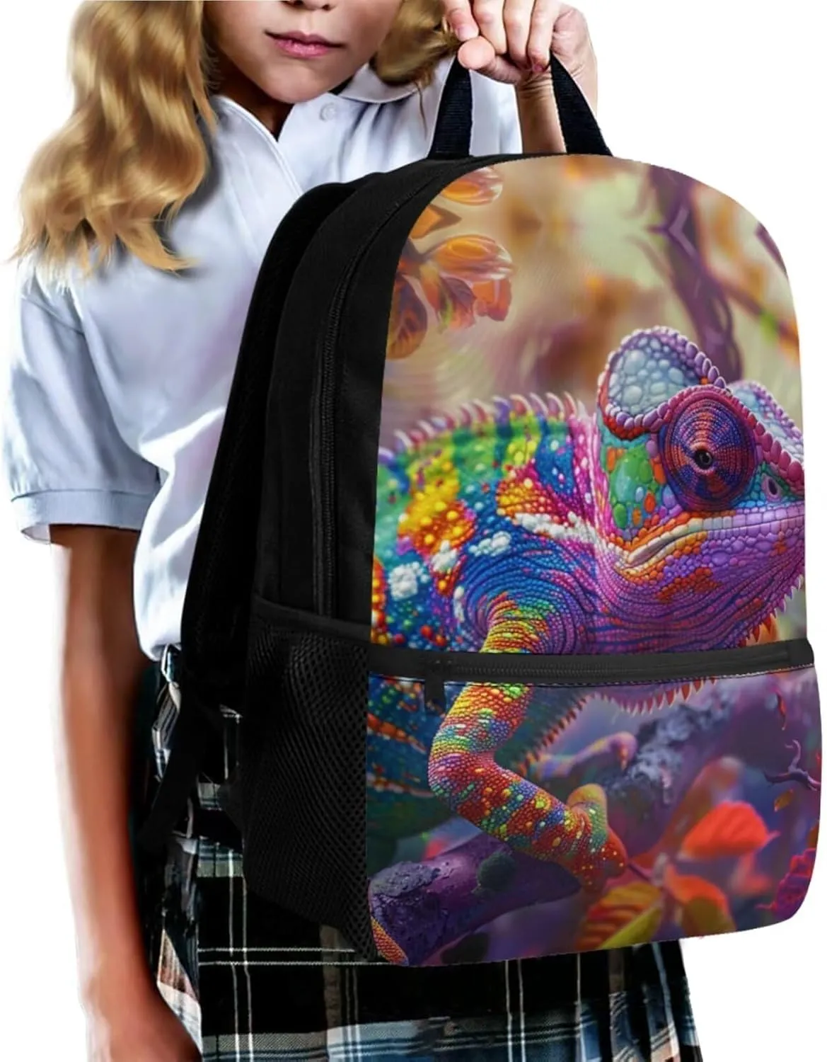 Chameleon Backpack for Teen Girls for School Bag for Kids Girls Backpack for Boys with Lunch Bag with Water Bottle Holder School Company Outside Sports Travel Keychain
