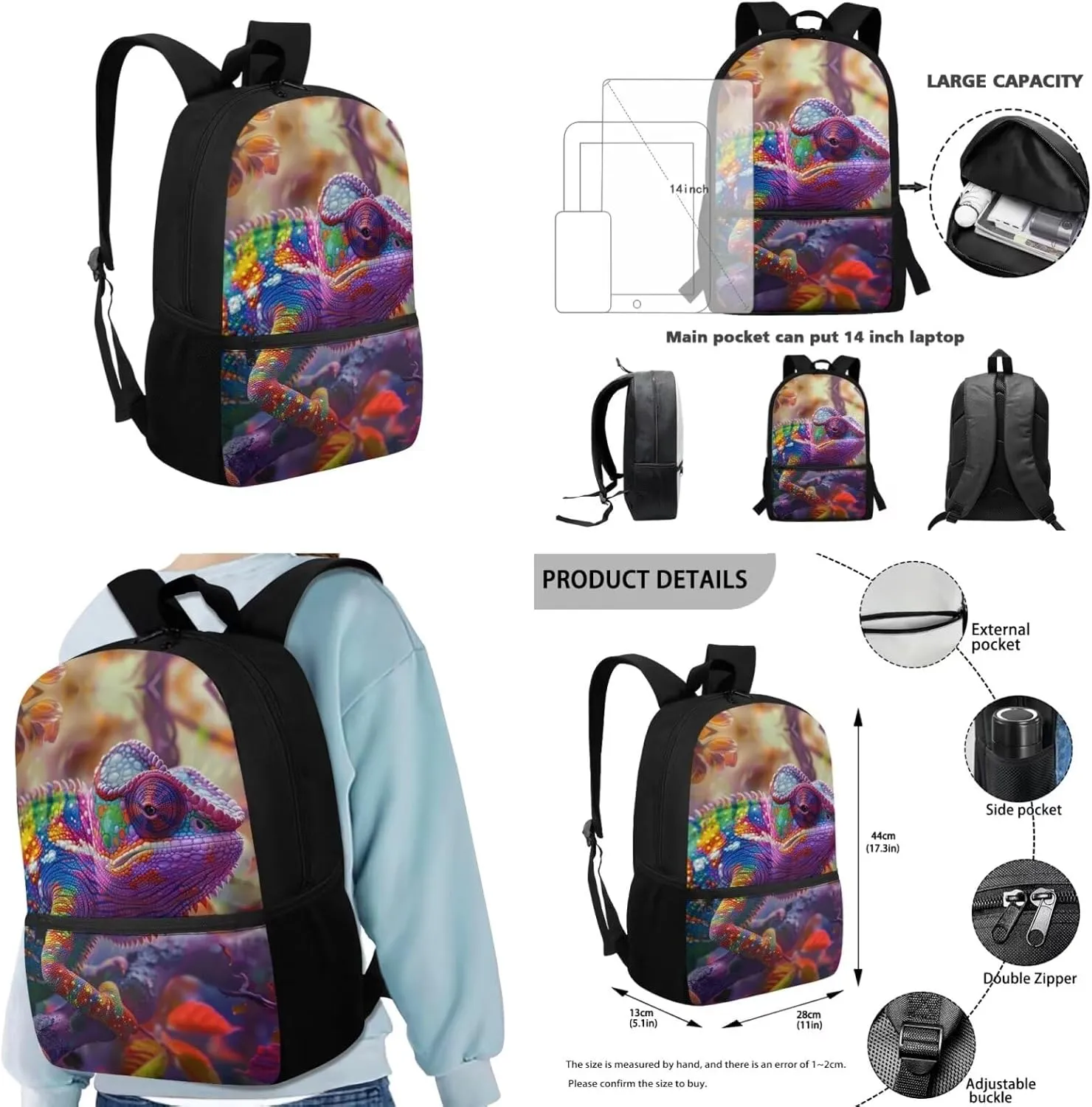 Chameleon Backpack for Teen Girls for School Bag for Kids Girls Backpack for Boys with Lunch Bag with Water Bottle Holder School Company Outside Sports Travel Keychain
