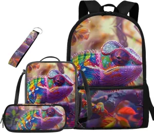 Chameleon Backpack for Teen Girls for School Bag for Kids Girls Backpack for Boys with Lunch Bag with Water Bottle Holder School Company Outside Sports Travel Keychain